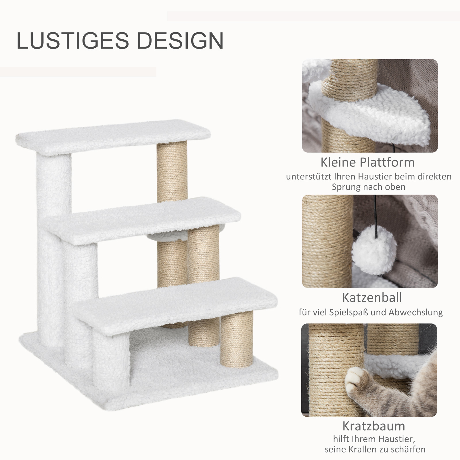 Katzentreppe 3-stufige Haustiertreppe mit Kratzsäulen Ball Hundetreppe Tiertreppe für Katzen bis 5 kg Plüsch Jute Weiß 45 x 40 x 48 cm