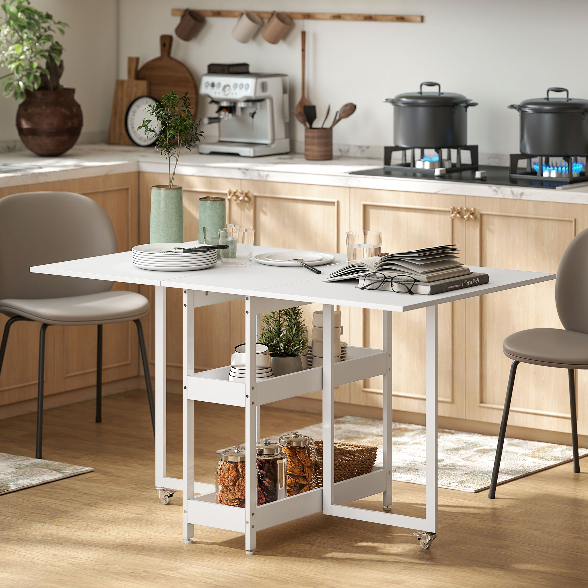 Klappbarer Esstisch im Industriedesign, für bis zu 4 Personen, offene Regale, flexibel, Metall, Spanplatte, Weiß