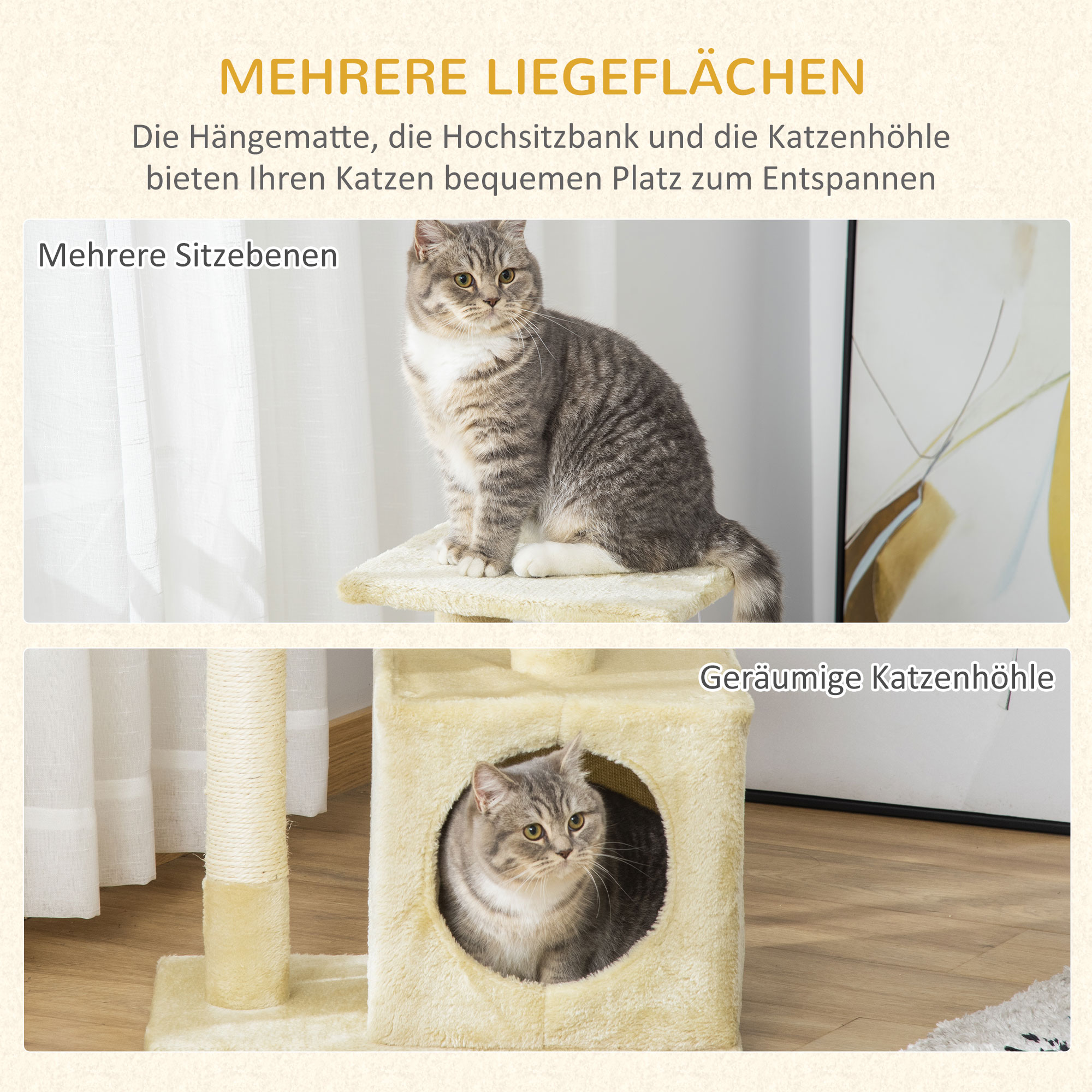 Kratzbaum 81,5 cm Katzenbaum mit Katzenhöhle, Plattformen, Katzenkratzbaum mit Sisal-Kratzsäulen, Spielball, für Katzen bis 4,5 kg, Beige