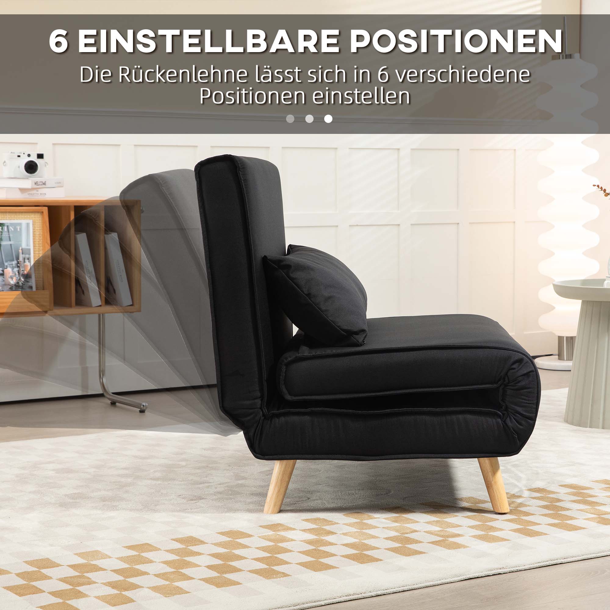 Relaxsessel mit Bettfunktion, für 1 Person, Modern-Design, bis 120 kg, 94x78x80cm, Schwarz