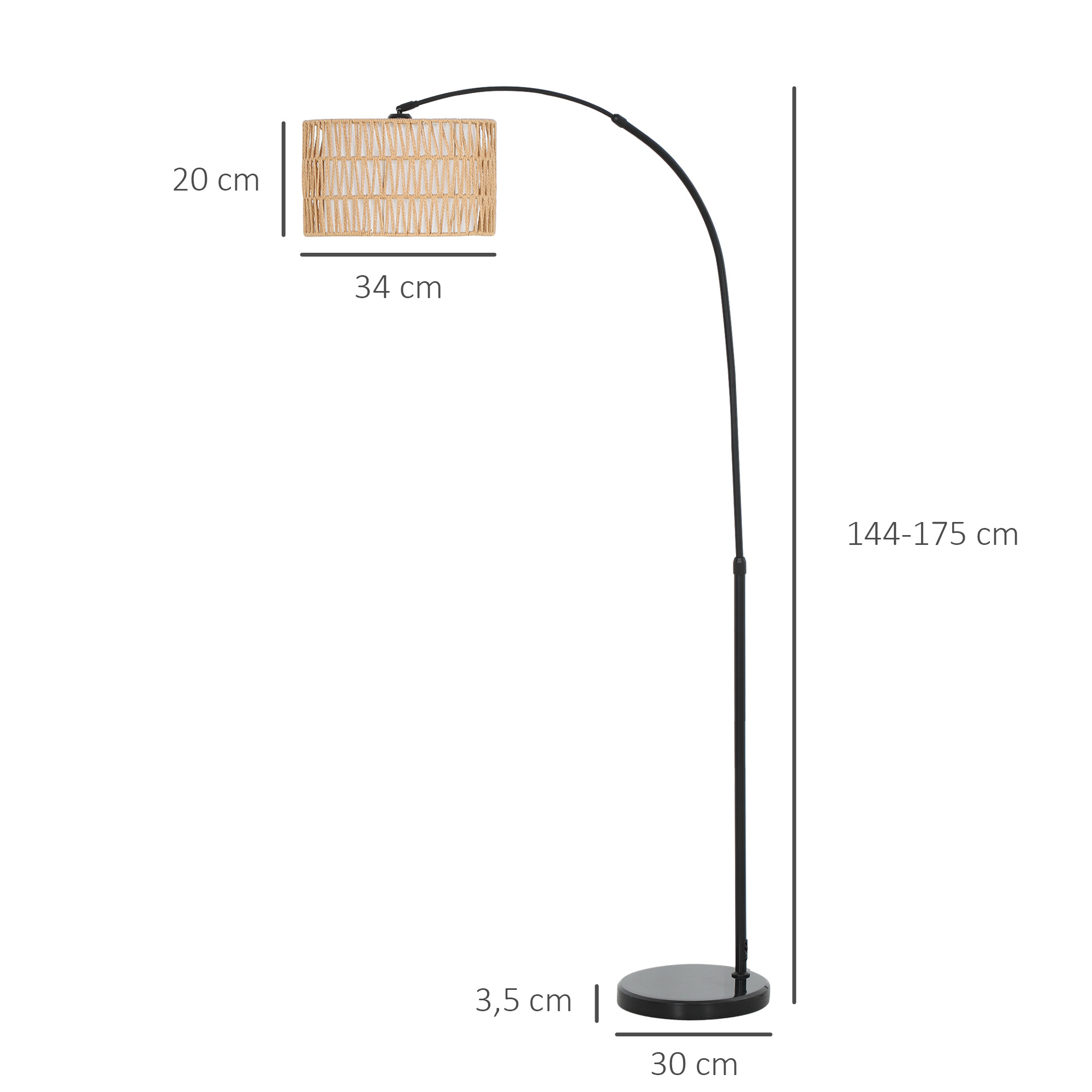Stehlampe mit Hanfseil-Schirm, höhenverstellbar, Fußschalter, Metall, Schwarz