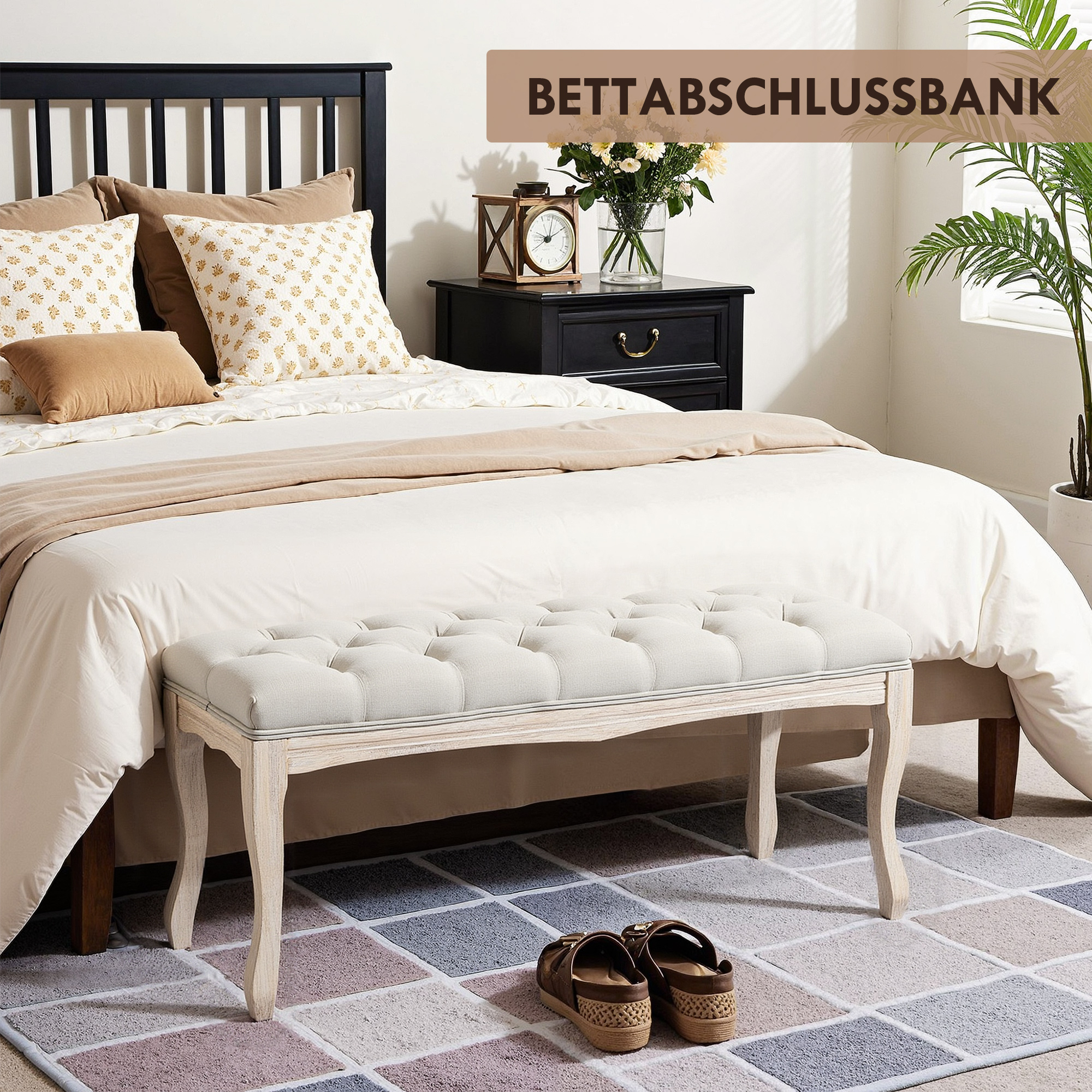 Sitzbank Polsterbank mit Leinen-Bezug Bettbank mit Holzrahmen, Schuhbank für Schlafzimmer, Wohnzimmer, Flur 110 x 40 x 48 cm Beige