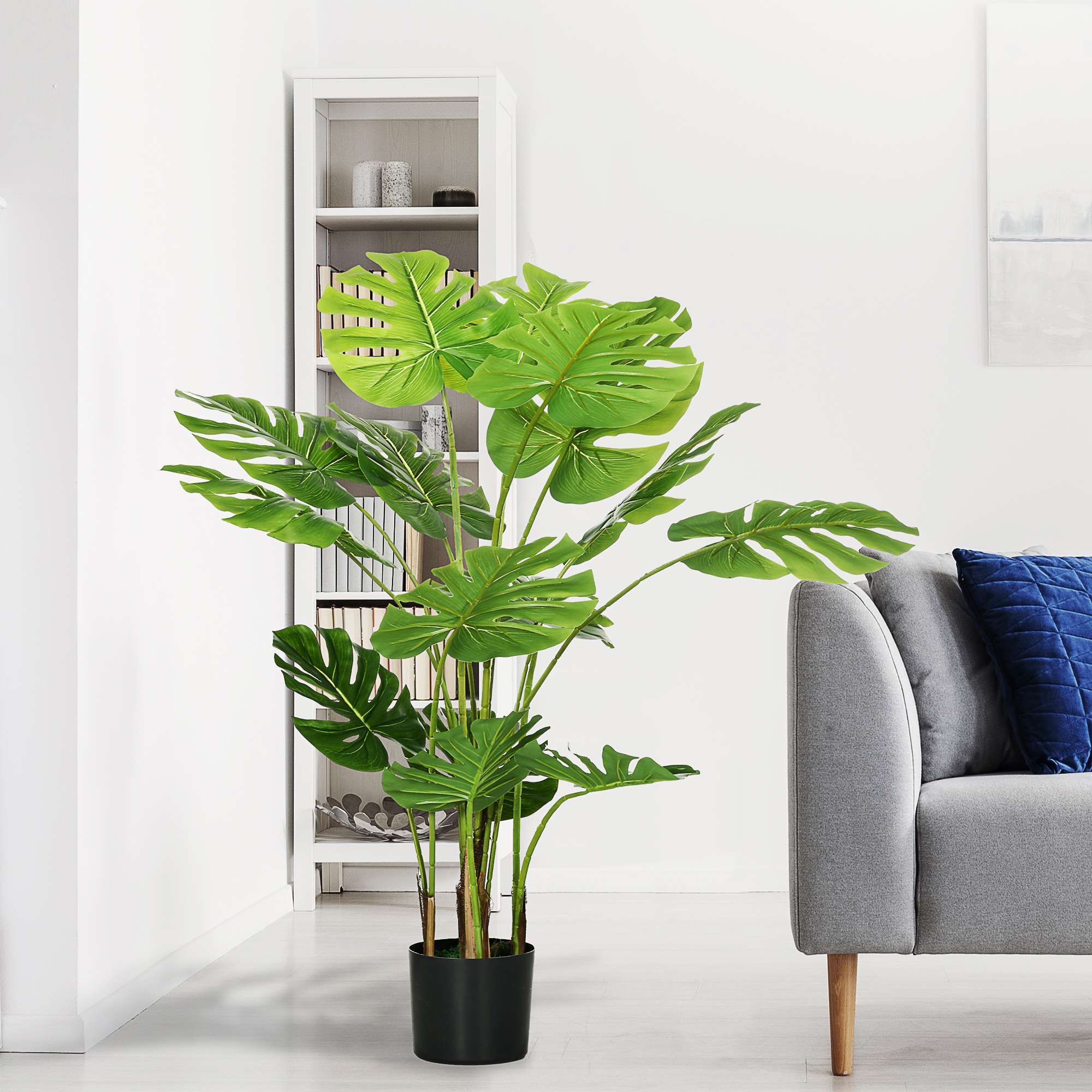 Kunstpflanze Realistische Kunstpflanze Monstera Deliciosa,1 Übertopf und Zementerde,17,5 cm x 17,5 cm x 120 cm, Grün