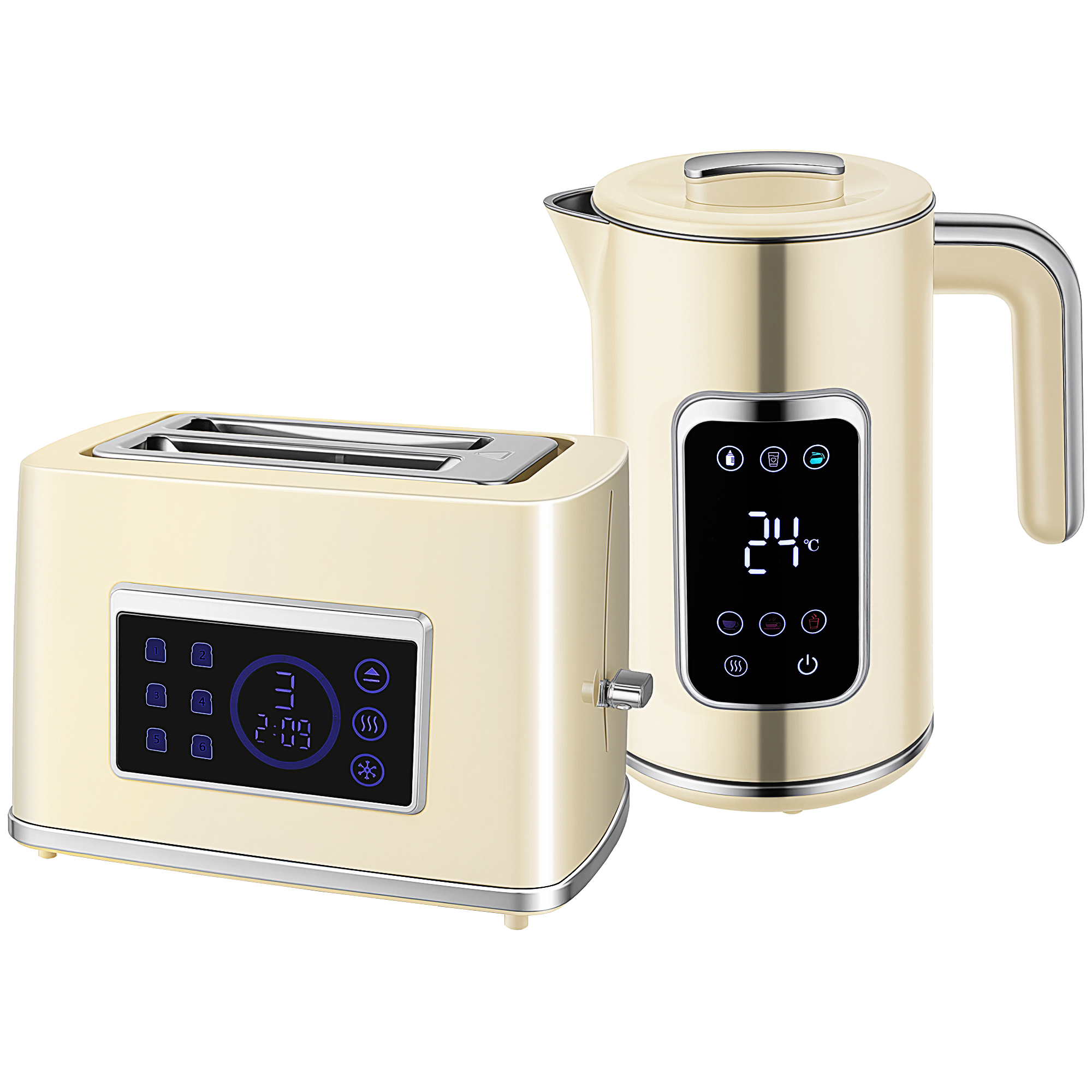 Wasserkocher und Toaster-Set mit LED-Touchscreen, 1,7 L, 2 Toasterschlitze, verschiedene Modi und Funktionen, Cremeweiß Wasserkocher und Toaster-Set mit LED-Touchscreen, 1,7 L, 2 Toasterschlitze, verschiedene Modi und Funktionen, Cremeweiß