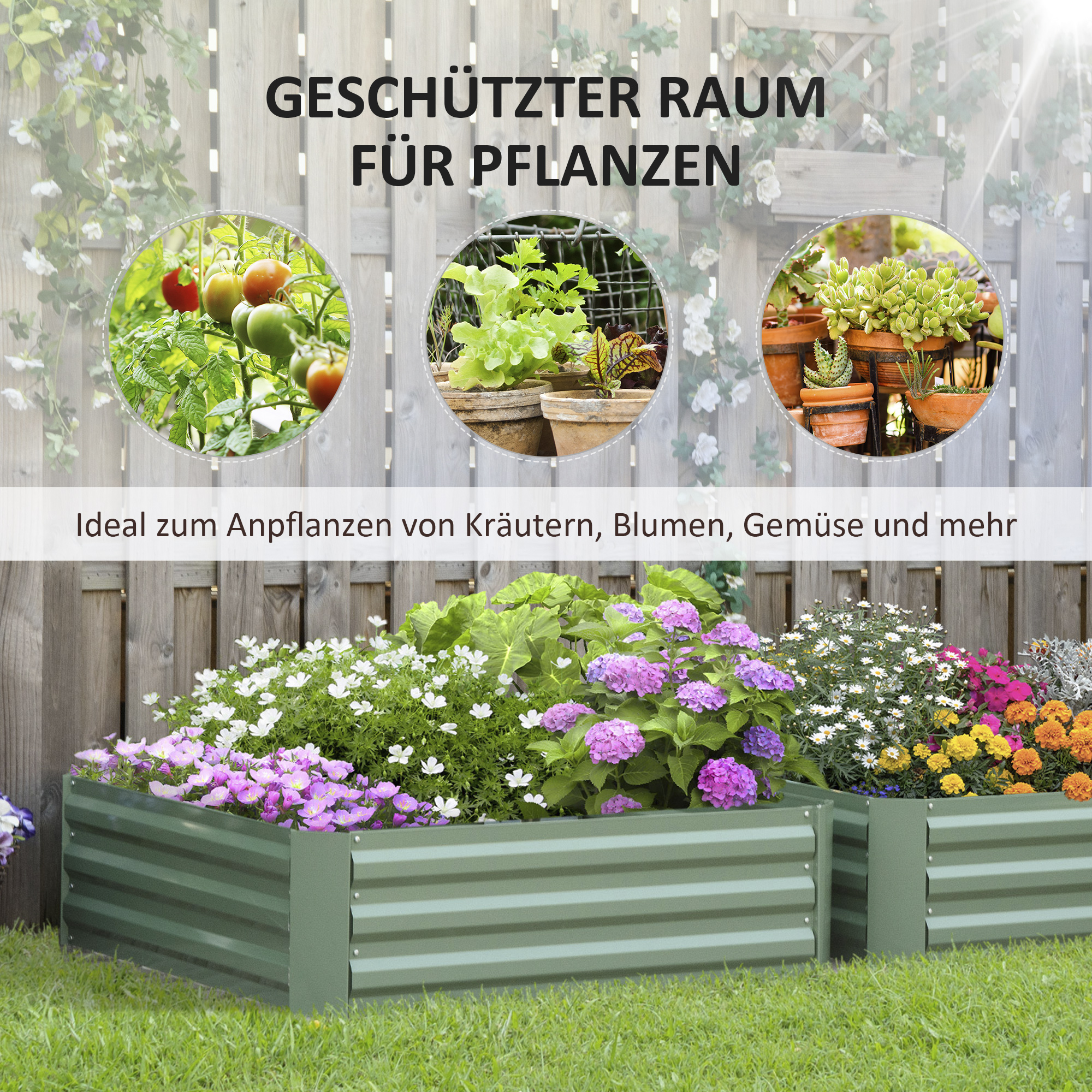 Pflanzkasten, 2er-Set, Blumenkasten, offener Boden, Stahlrahmen, grün, (2 x) 100 x 100 x 30 cm