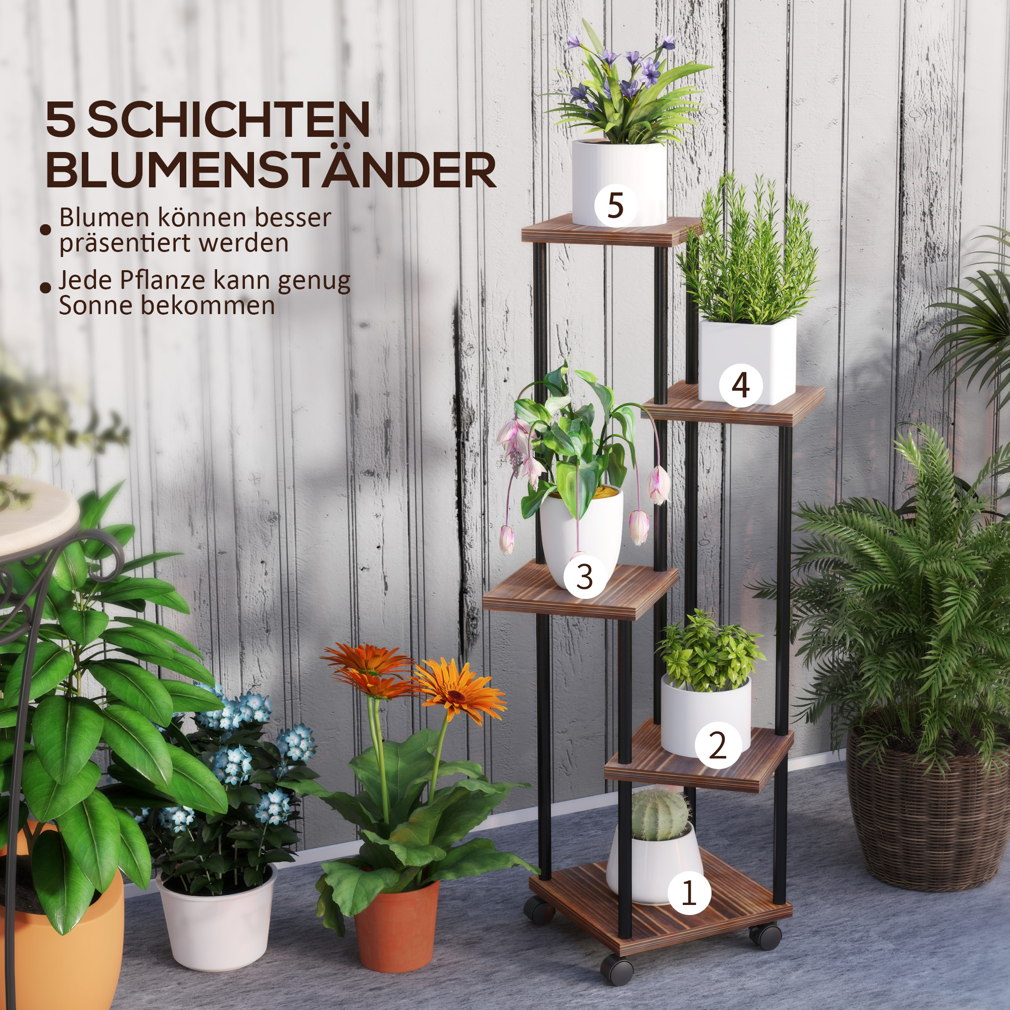 Blumenständer mit 5 Ebenen, 5-stufiger Pflanzenständer, versetztes Design, leicht zu verschieben, Holz, Stahl