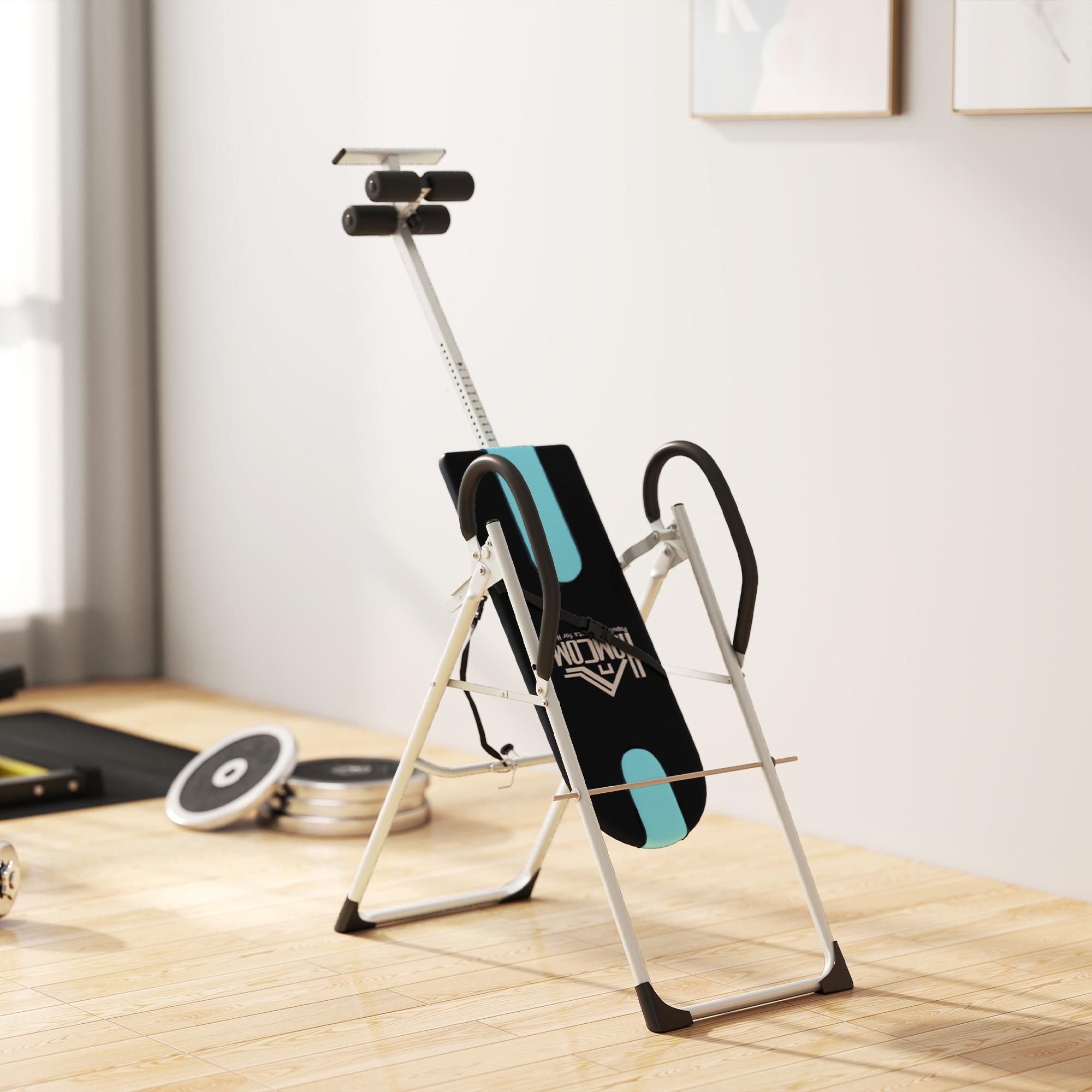 Inversionsbank klappbar Schwerkrafttrainer mit Sicherheitsgurt Inversionstisch bis 136kg Stahl Silber+Schwarz+Blau