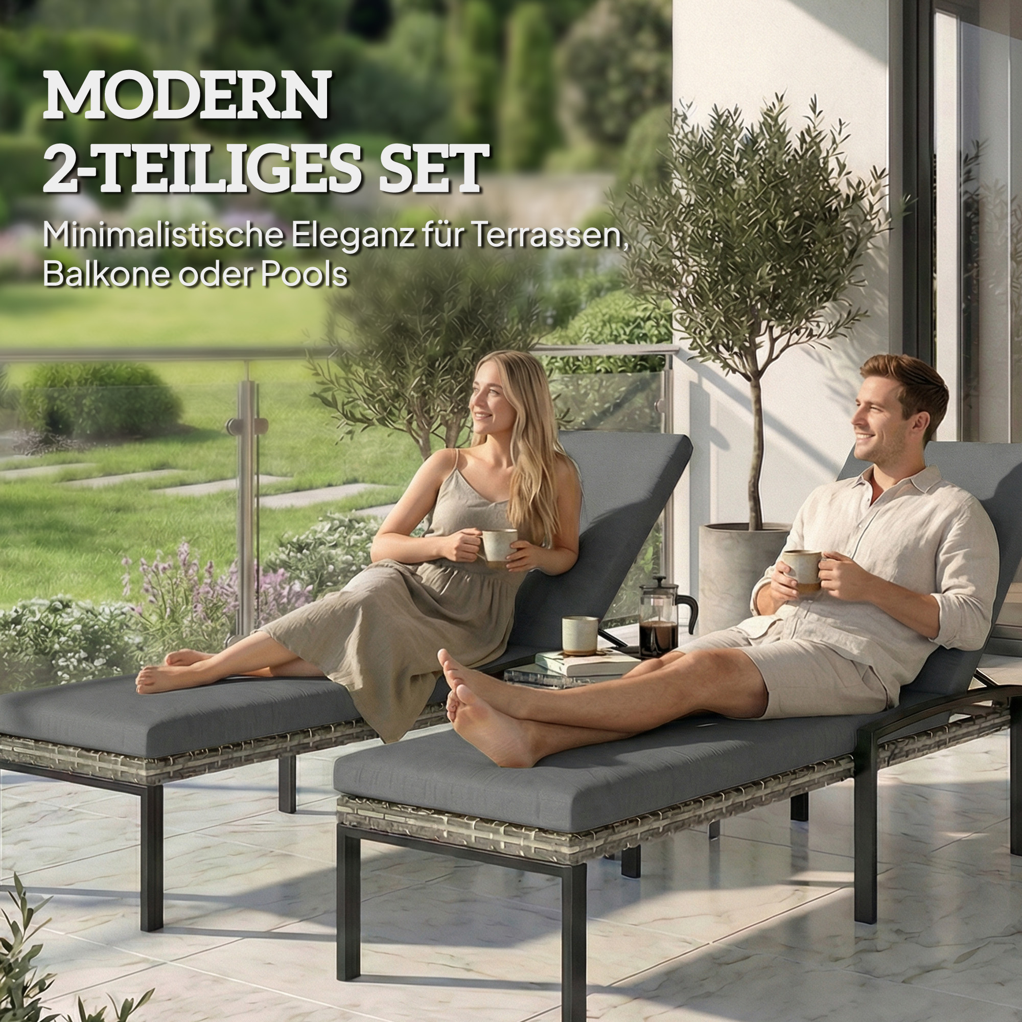 2er Set Sonnenliege Polyrattan Gartenliege mit 5-Fach verstellbar Rückenlehne Auflage bis 120kg Hellgrau