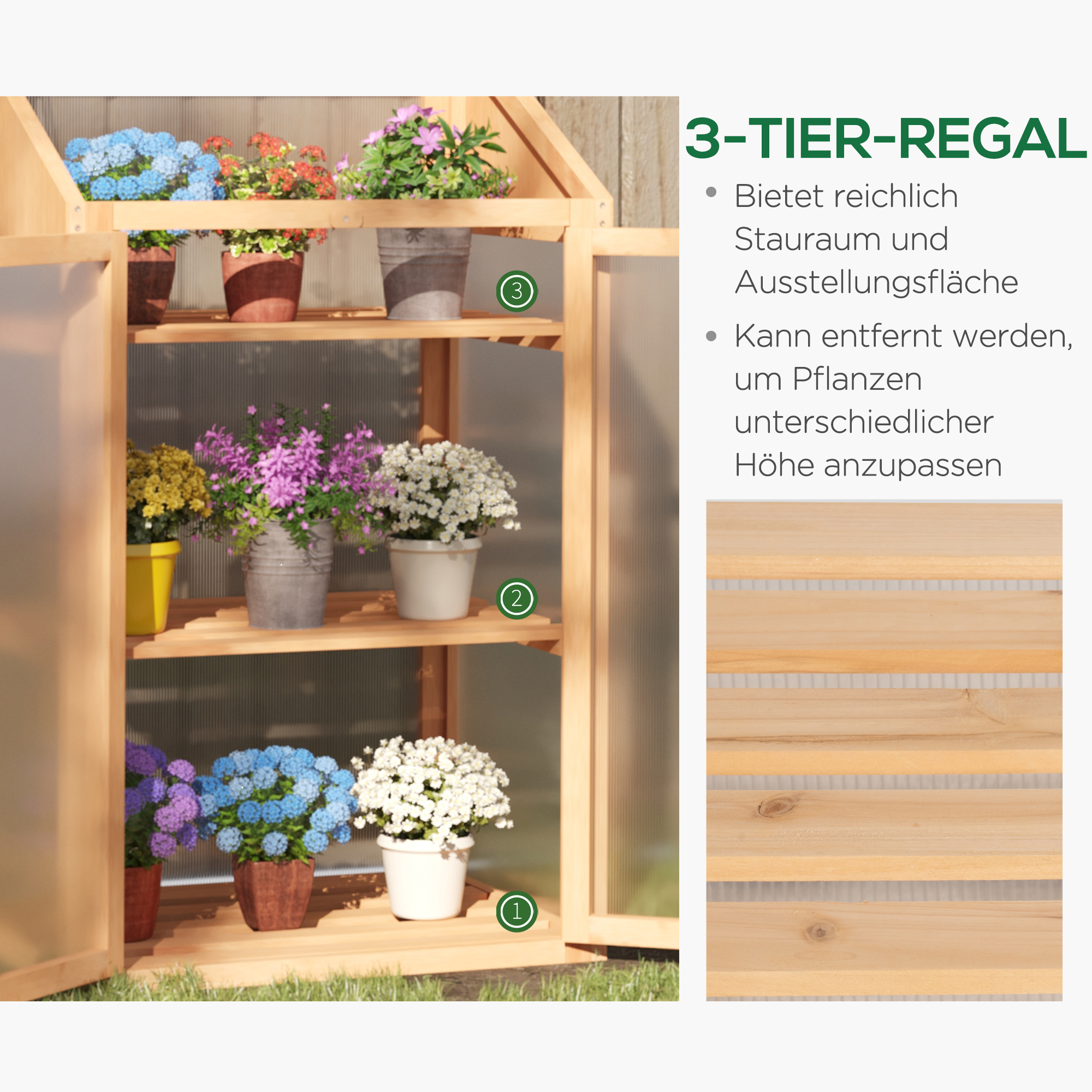 Mini-Gewächshaus, kleines Treibhaus mit Holzrahmen, Fenster und Doppeltür, 3 Regale, 70L x 50B x 120H cm, Braun