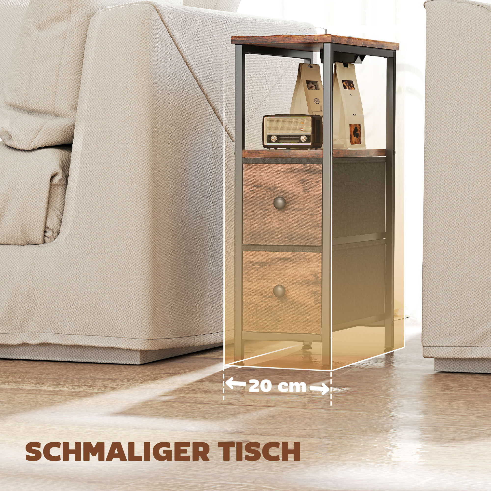 Couchtisch Beistelltisch mit Ladestation, Stahlrahmen, 2 Stoffschublade, offen Fach, 20cm x 40cm x 63cm, Rustikal-Braun