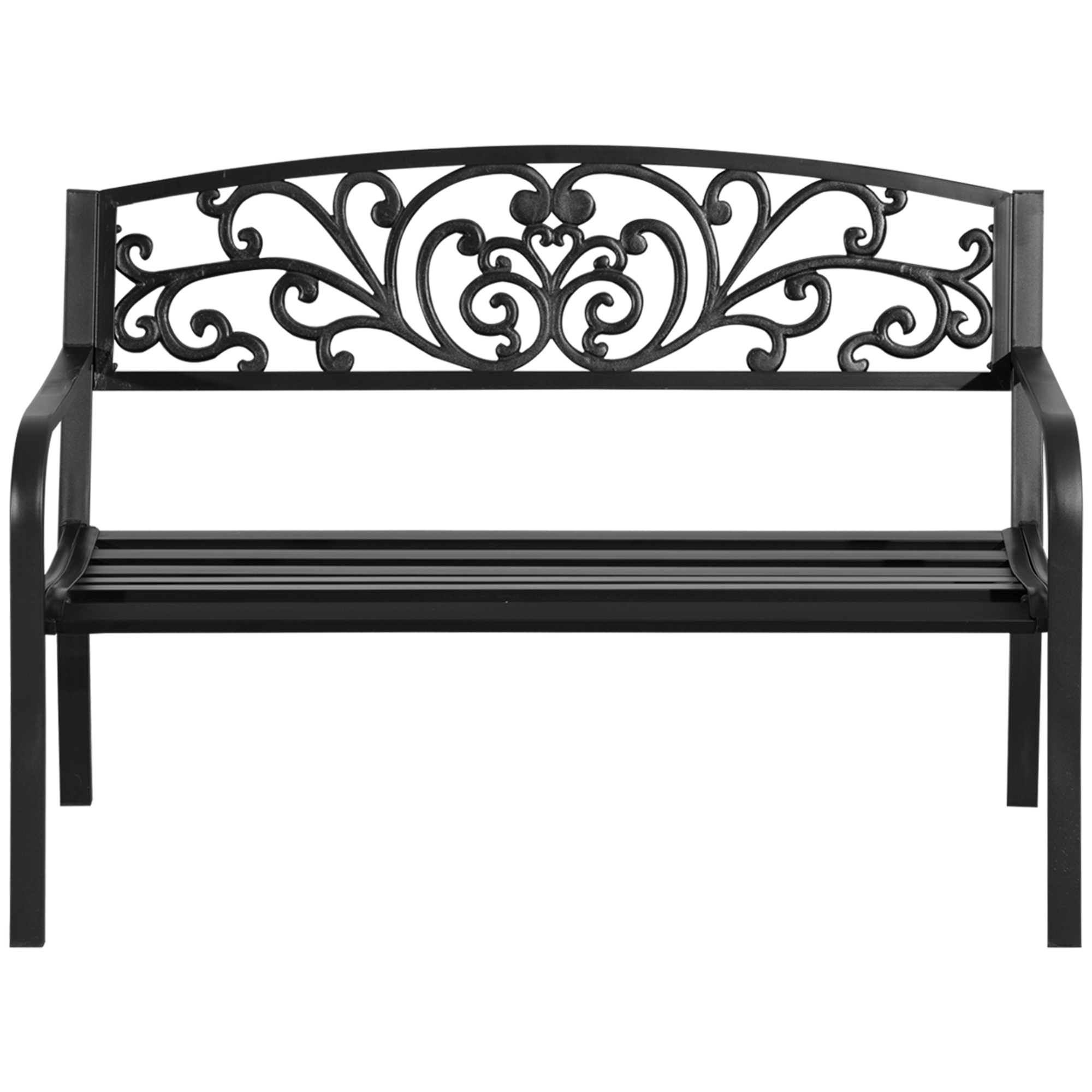 Metallgartenbank, Blumendesign, 2-Sitzer, 240 kg Tragkraft, Stahl, 127L x 60B x 87H cm, Schwarz