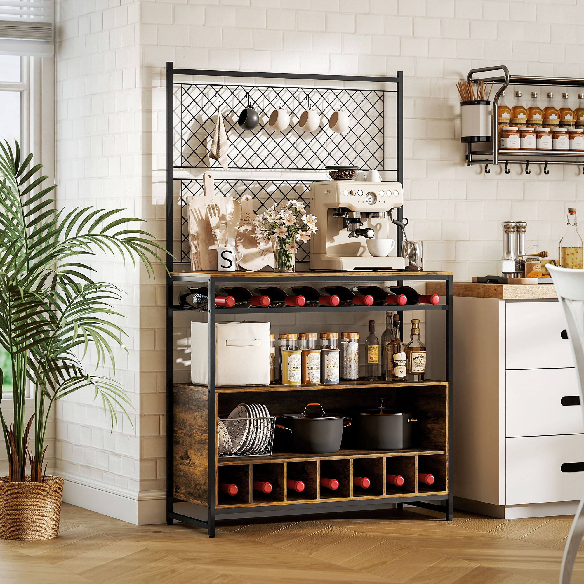 Küchenregal mit Arbeitsfläche, Metallgitterpaneele, 5 Haken, Küchenschrank für Gewürze, Töpfe, Pfannen, Braun
