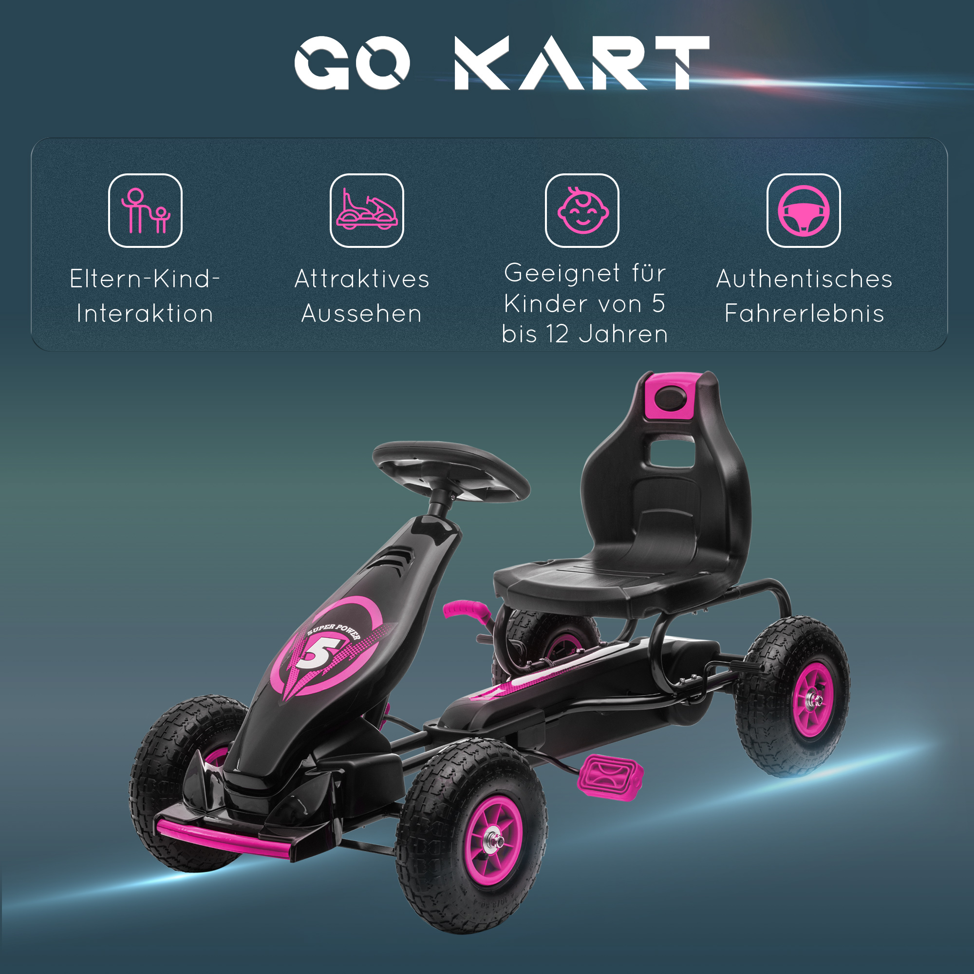 Kinder-Gokart, mit Pedalen, verstellbarem Sitz, In- und Outdoor, ab 5 Jahren, Rosa+Schwarz, 121 x 58 x 61 cm