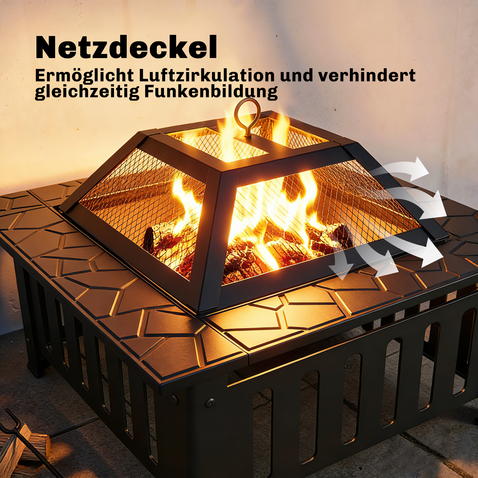 Feuerschale aus Stahl Feuerstelle mit Funkenschutz Schürhaken für Outdoor BBQ Camping 67x67x47cm Schwarz