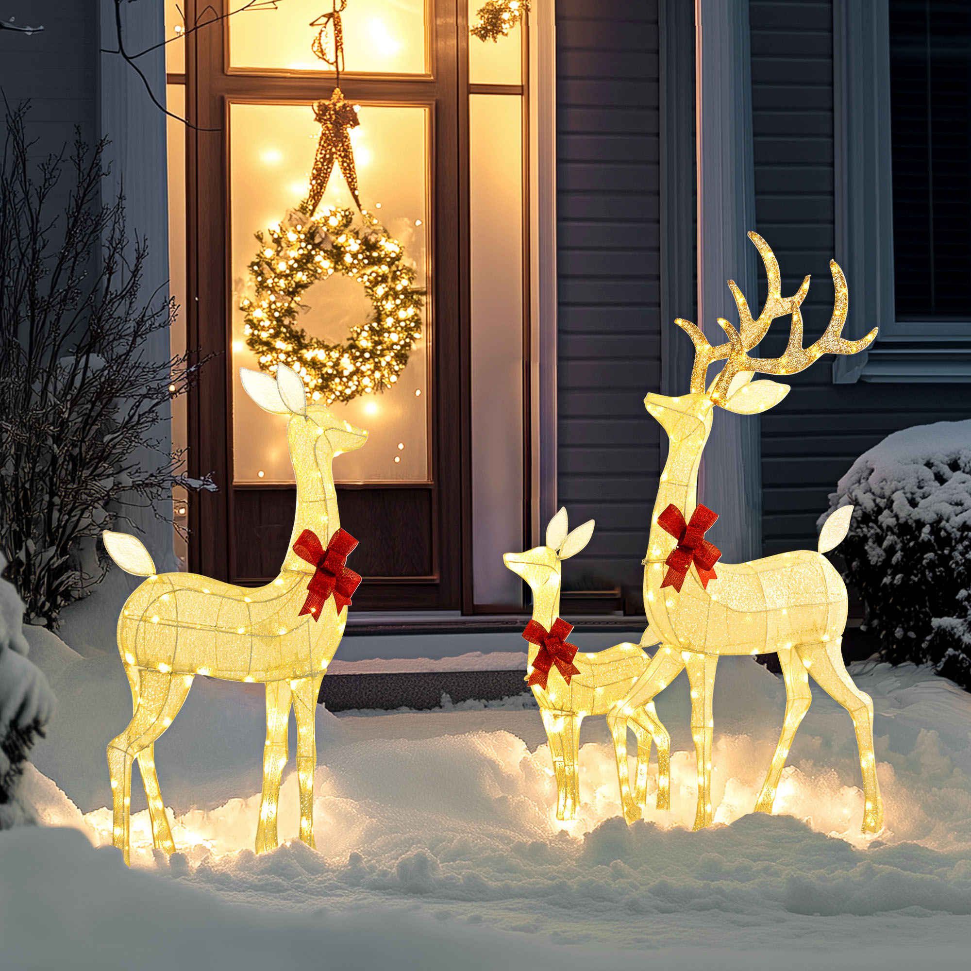 Rentierfamilie mit roten Schleifen, 283 LEDs, Weihnachtsbeleuchtung, wetterfest, Silber
