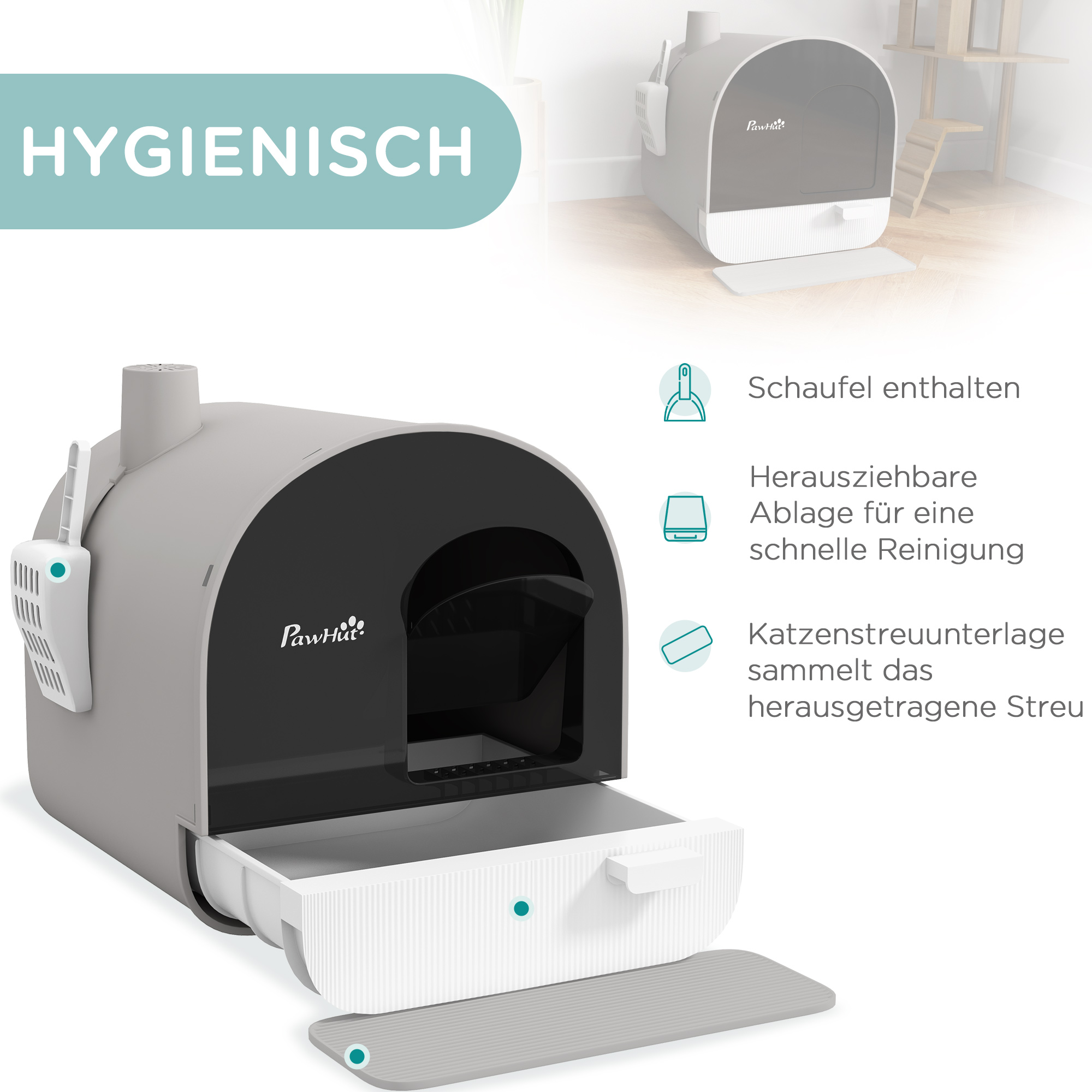 Katzentoilette mit Deckel, Streuschaufel, Schmutzfangmatte, Kunststoff, Grau/Schwarz