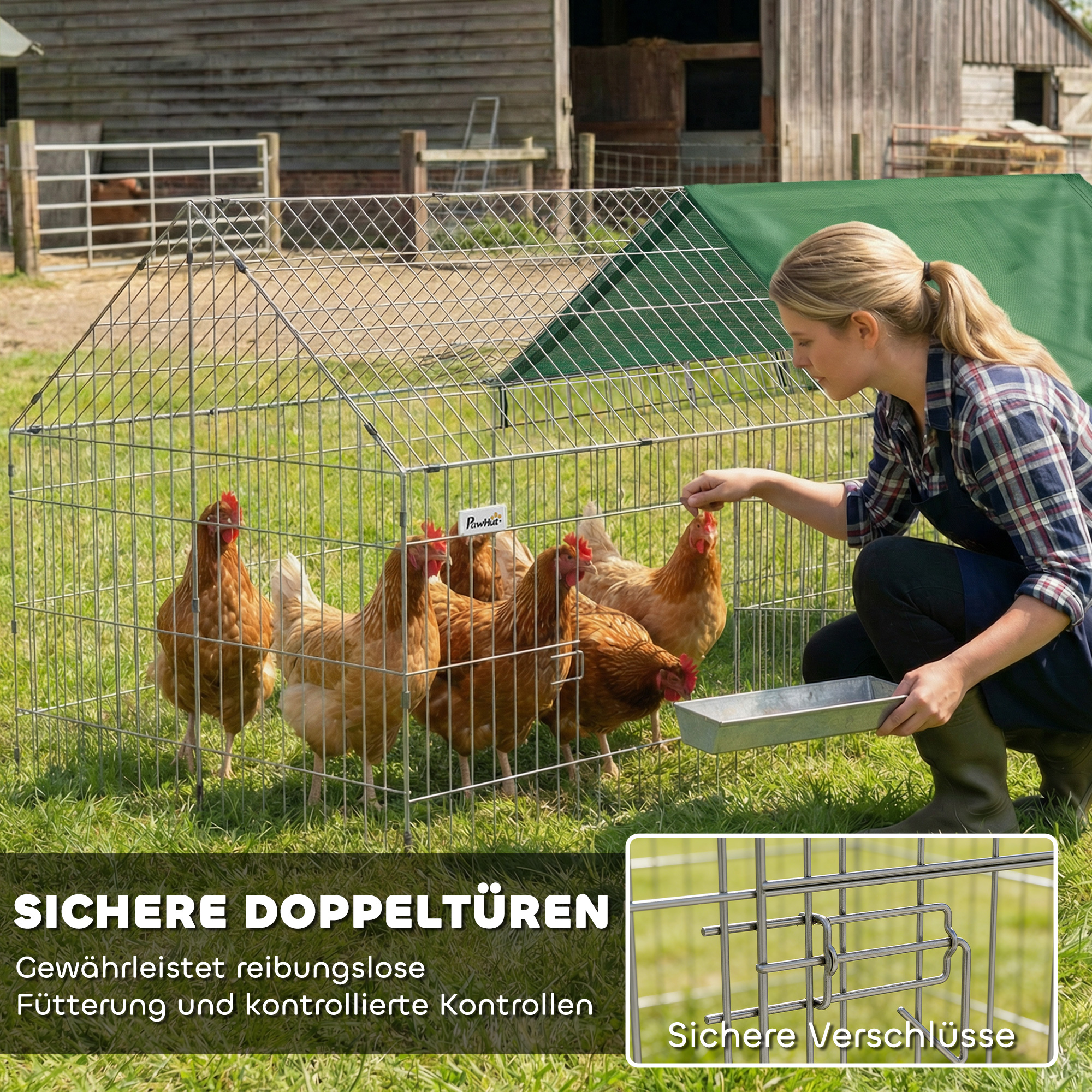 Kleintierstall Kaninchenstall mit Spitzdach abschließbare Türen Schutzabdeckung für Kleintiere 180 x 75 x 75 cm Grün