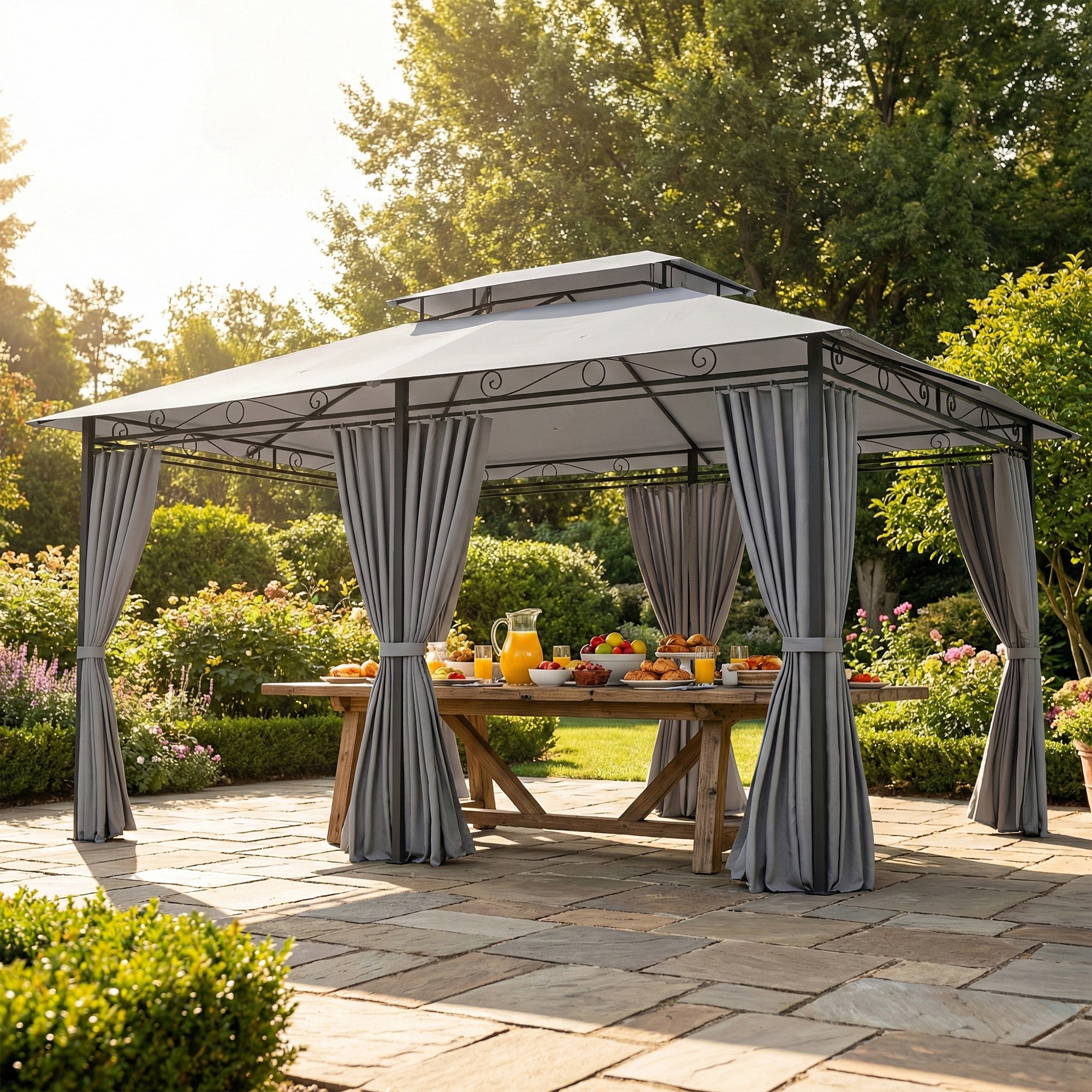 Gartenpavillon, Outdoor Pavillon mit Vorhängen, belüftetem Dach, Dunkelgrau