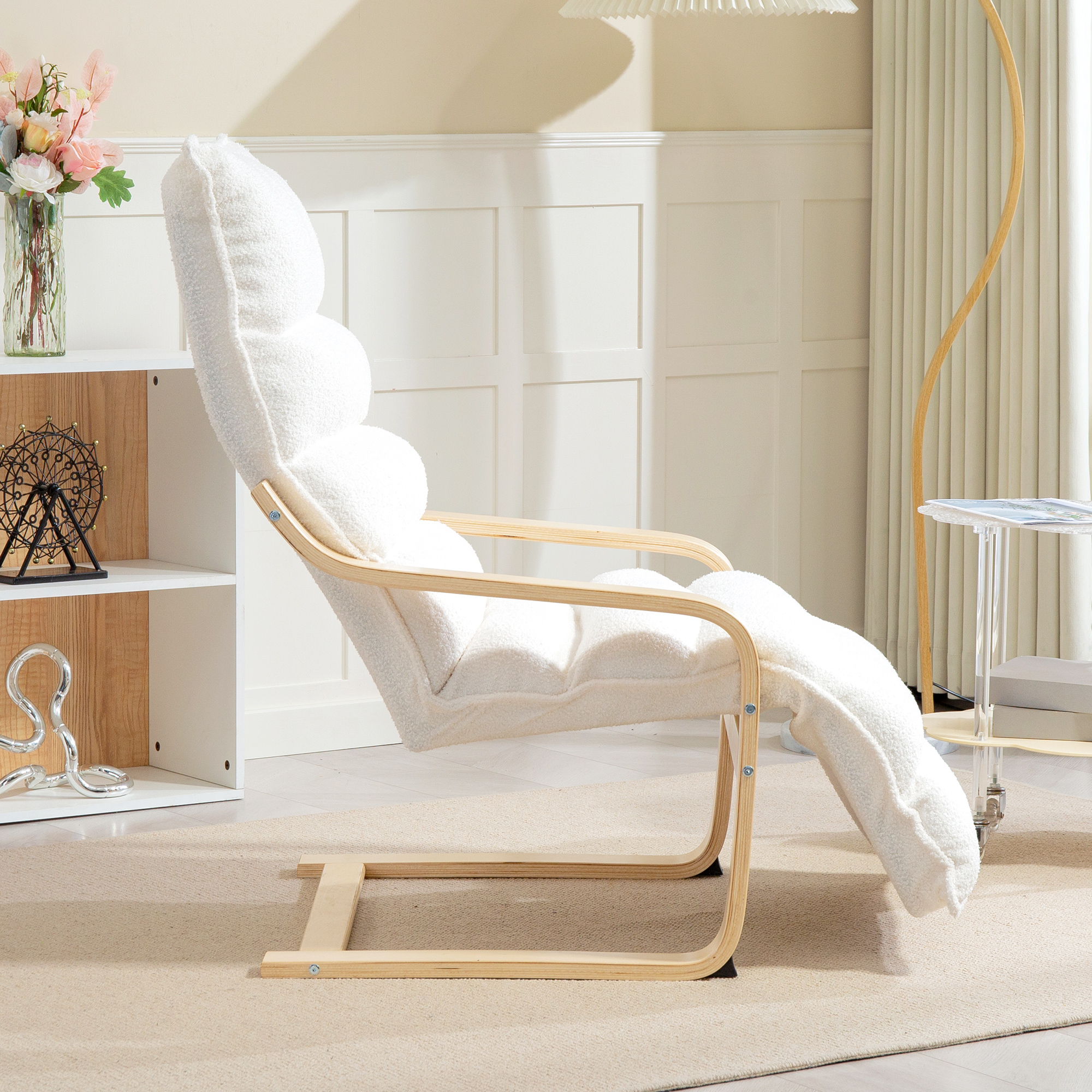 Lounge-Sessel aus Birkenholz, Polstersessel, verstellbare Fußstütze, Weiß