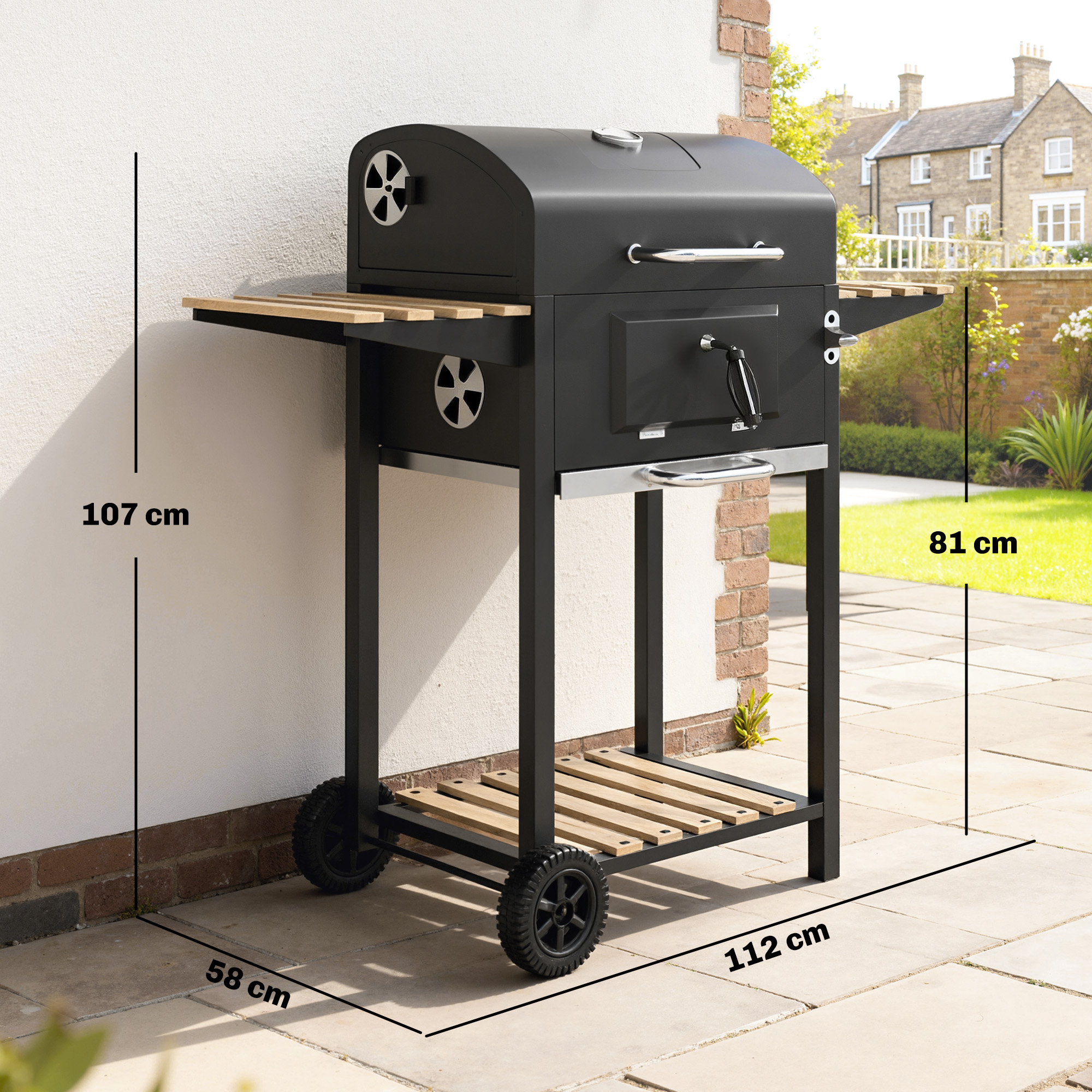 Holzkohlegrill, höhenverstellbare Kohlenpfanne, Grillwagen, Regale, Thermometer, Flaschenöffner, Stahl, Holz, Schwarz