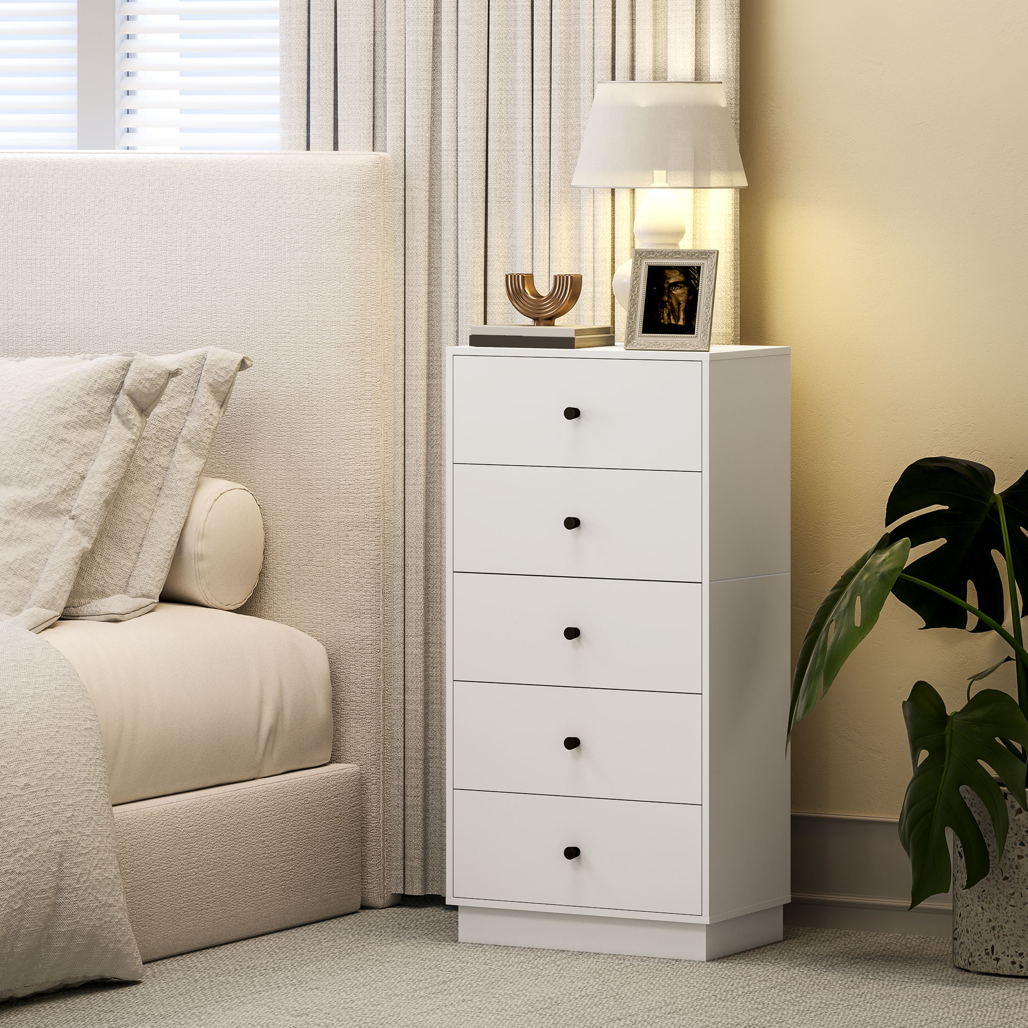 Kommode Sideboard mit 5 Schubladen Schrank aus Holzwerkstoff im Modern Stil 47 x 29 x 95 cm Weiß