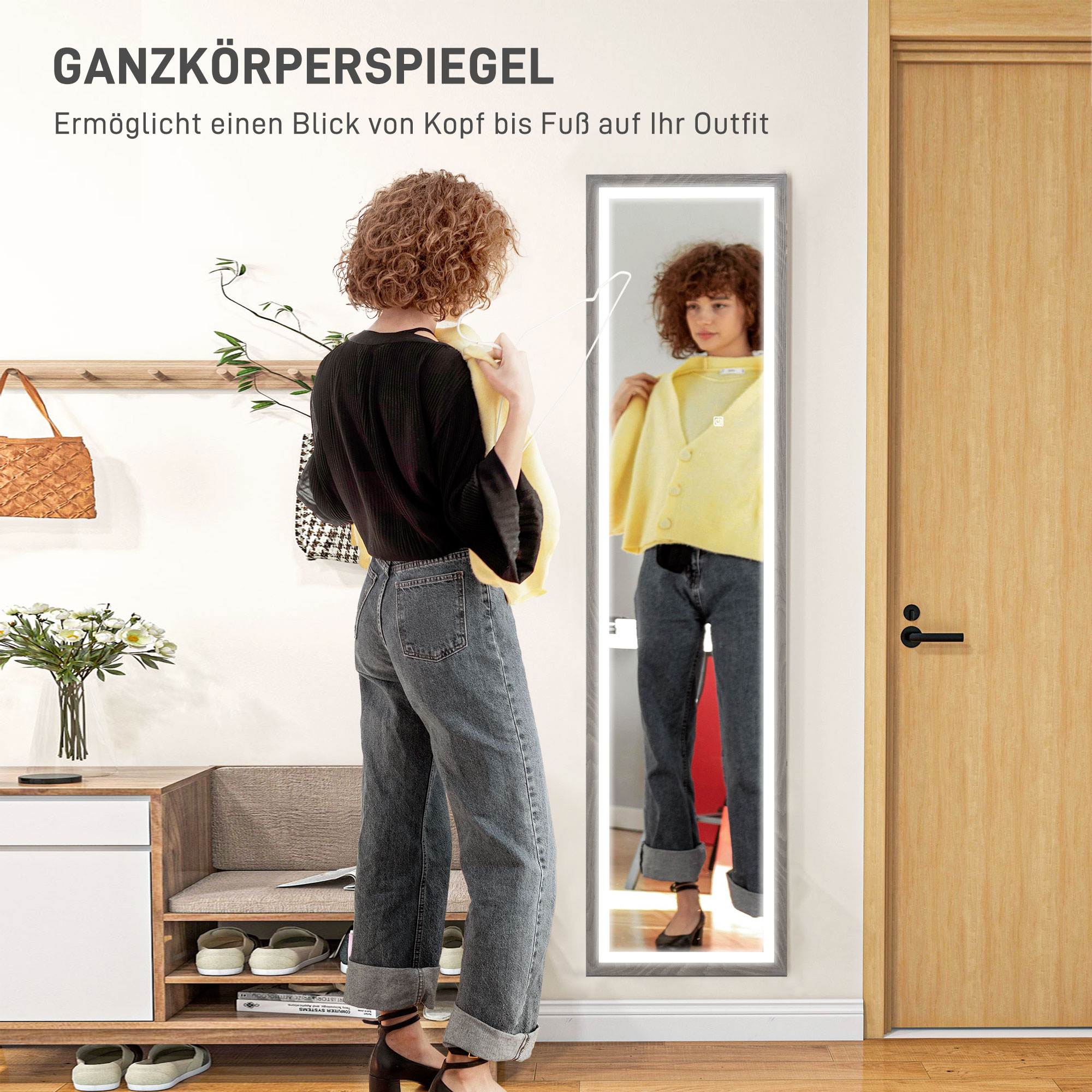 LED Ganzkörperspiegel, 40 x 160 cm, Touch-Steuerung, dimmbar, 3 Farben,  Grau