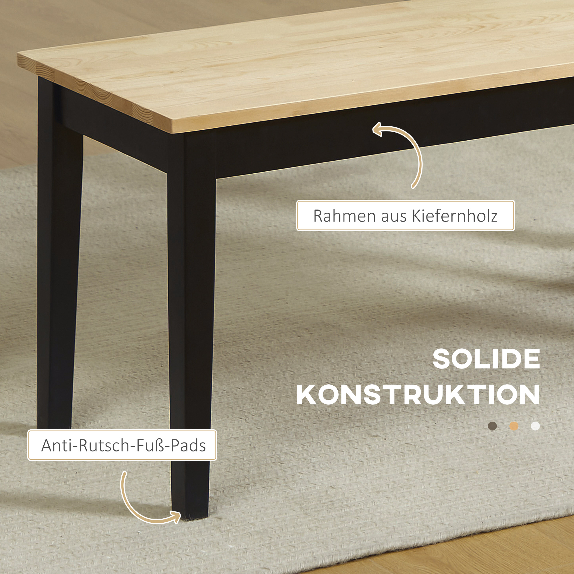 Moderne Sitzbank für 2 Personen, Holzbank, Massivholz, lackiert, Natur+ Schwarz