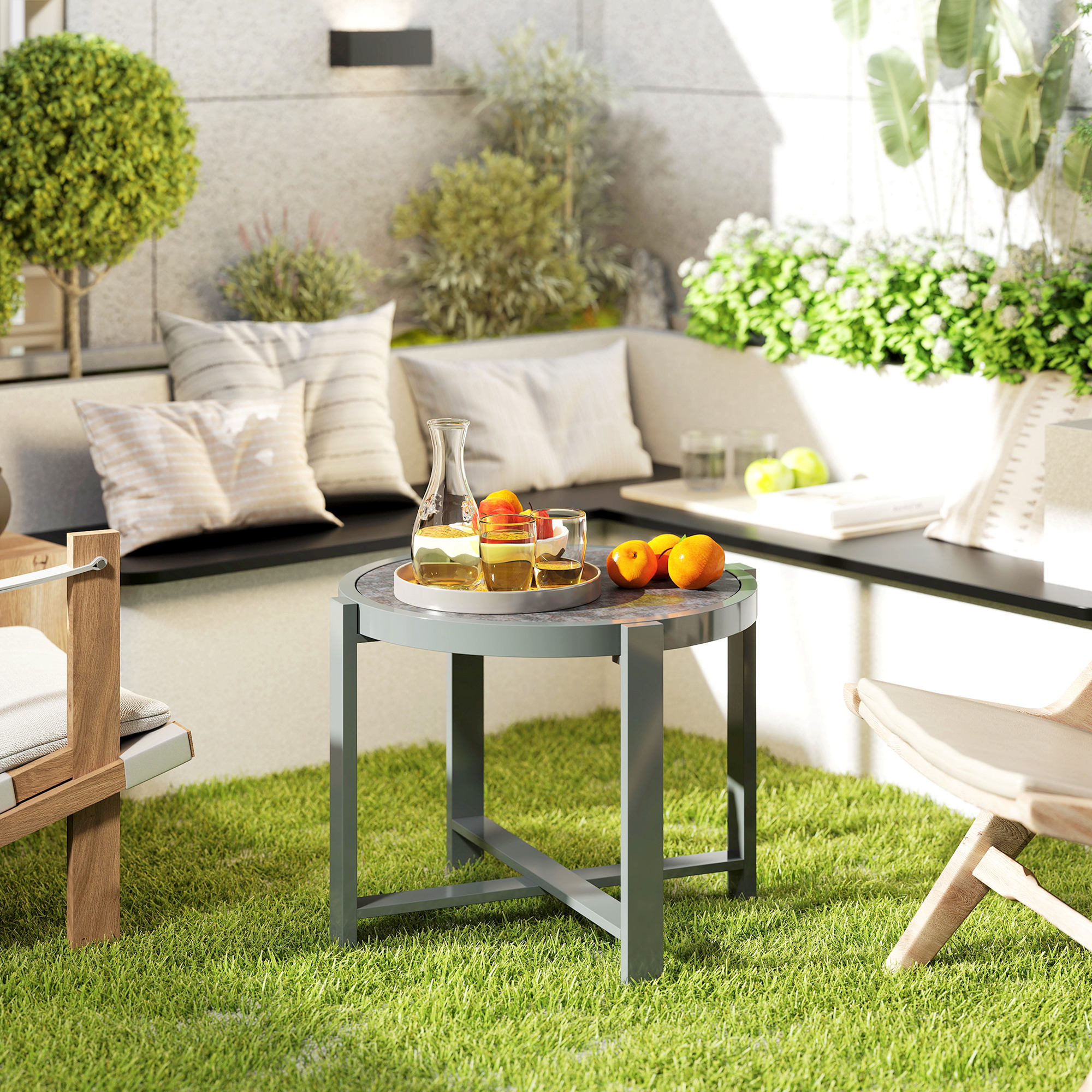 Beistelltisch Gartentisch Rund wetterfest Aluminium Balkontisch mit Marmoroptik Grau