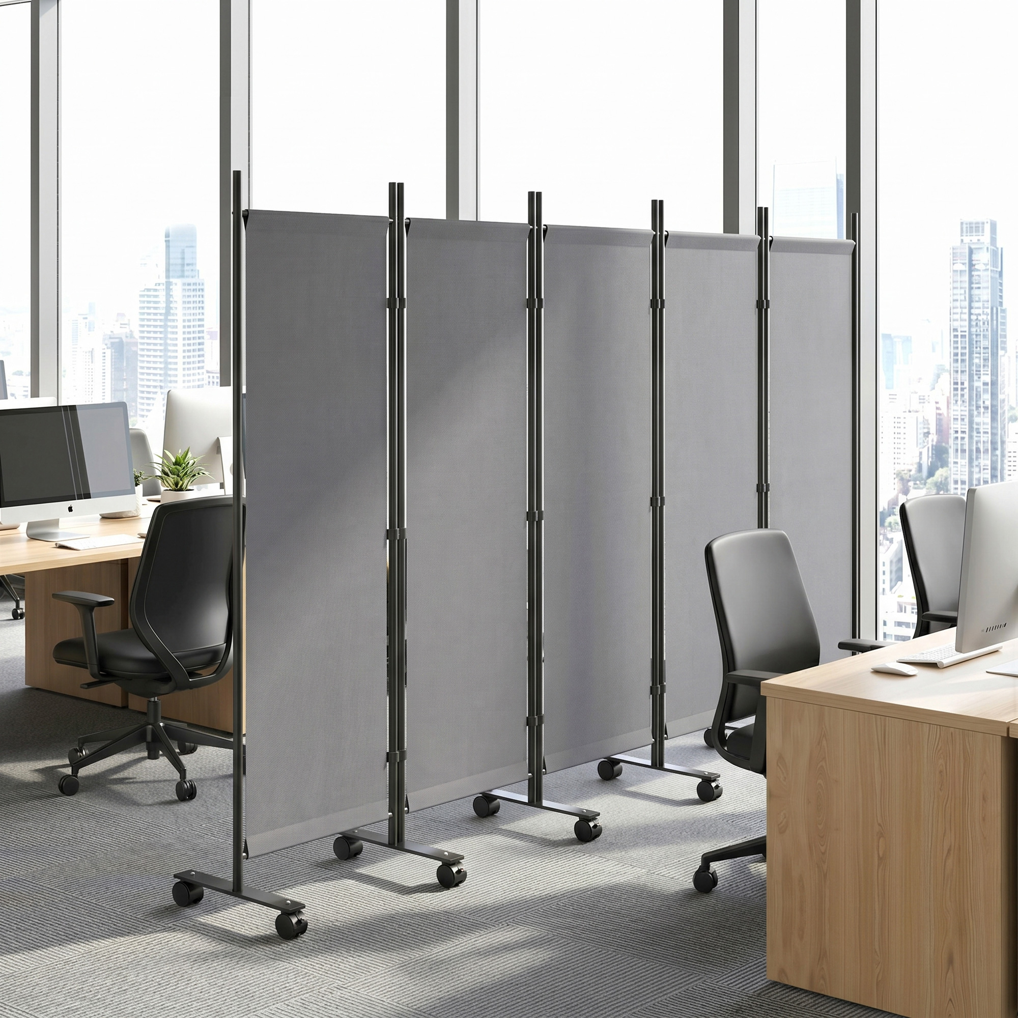 Raumteiler 5-teilig 252 x 40 cm Freistehend Paravent mit 12 Rollen Klappbar Trennwand DIY Dunkelgrau