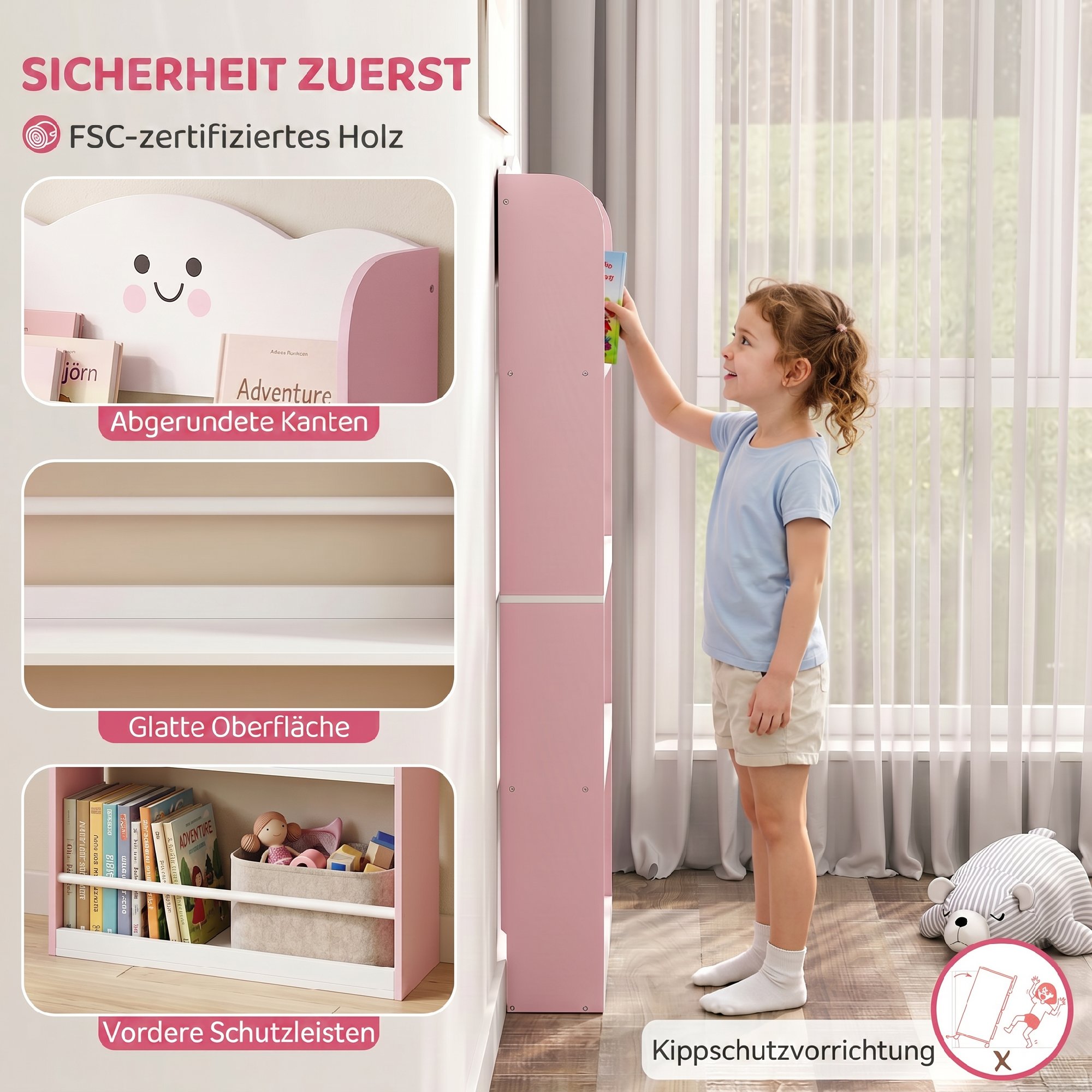 Kinderbücherregal mit 4 Etagen, Wandmontiertes Bücherregal für Kinderzimmer, Spielzimmer, Wohnzimmer, Rosa