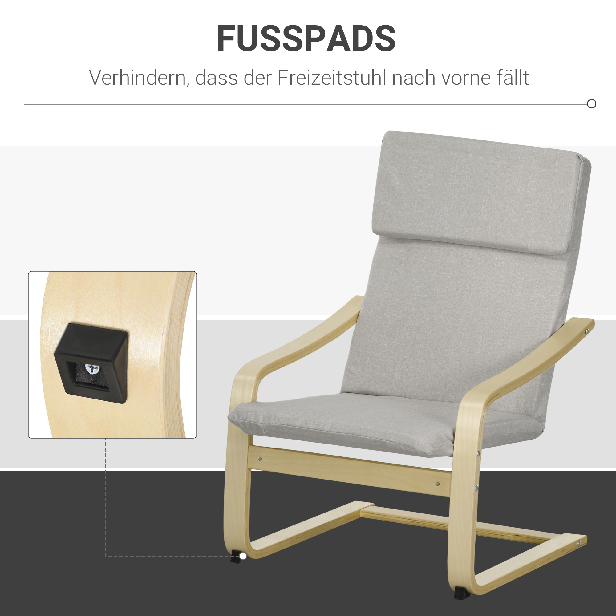 Loungesessel mit Hocker, Bezug in Leinenoptik, Holzrahmen, bis 120 kg, Hellgrau/Natur