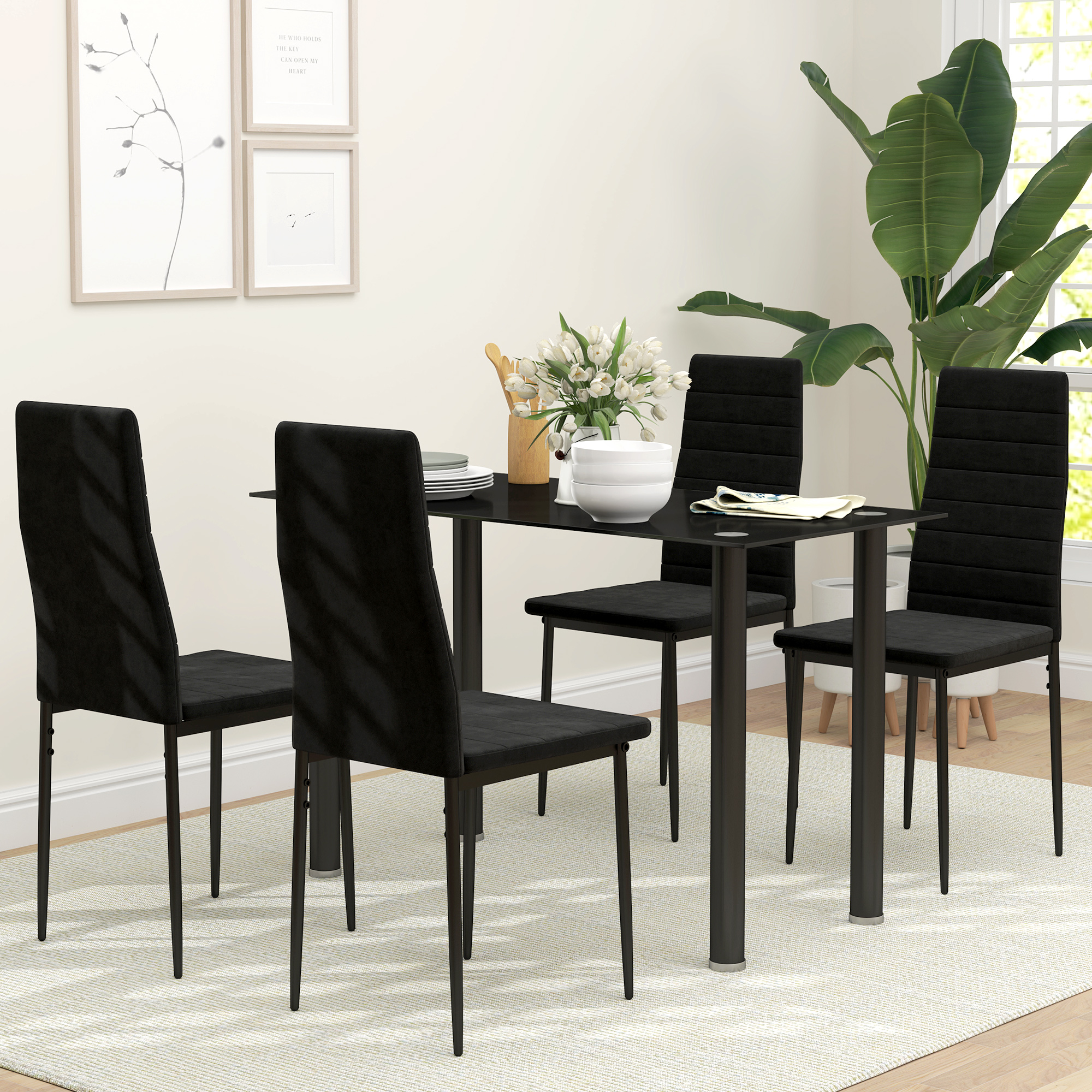 4er-Set Esszimmerstühle, armloses Design, Stoffpolsterung, Metallbeine, Schwarz