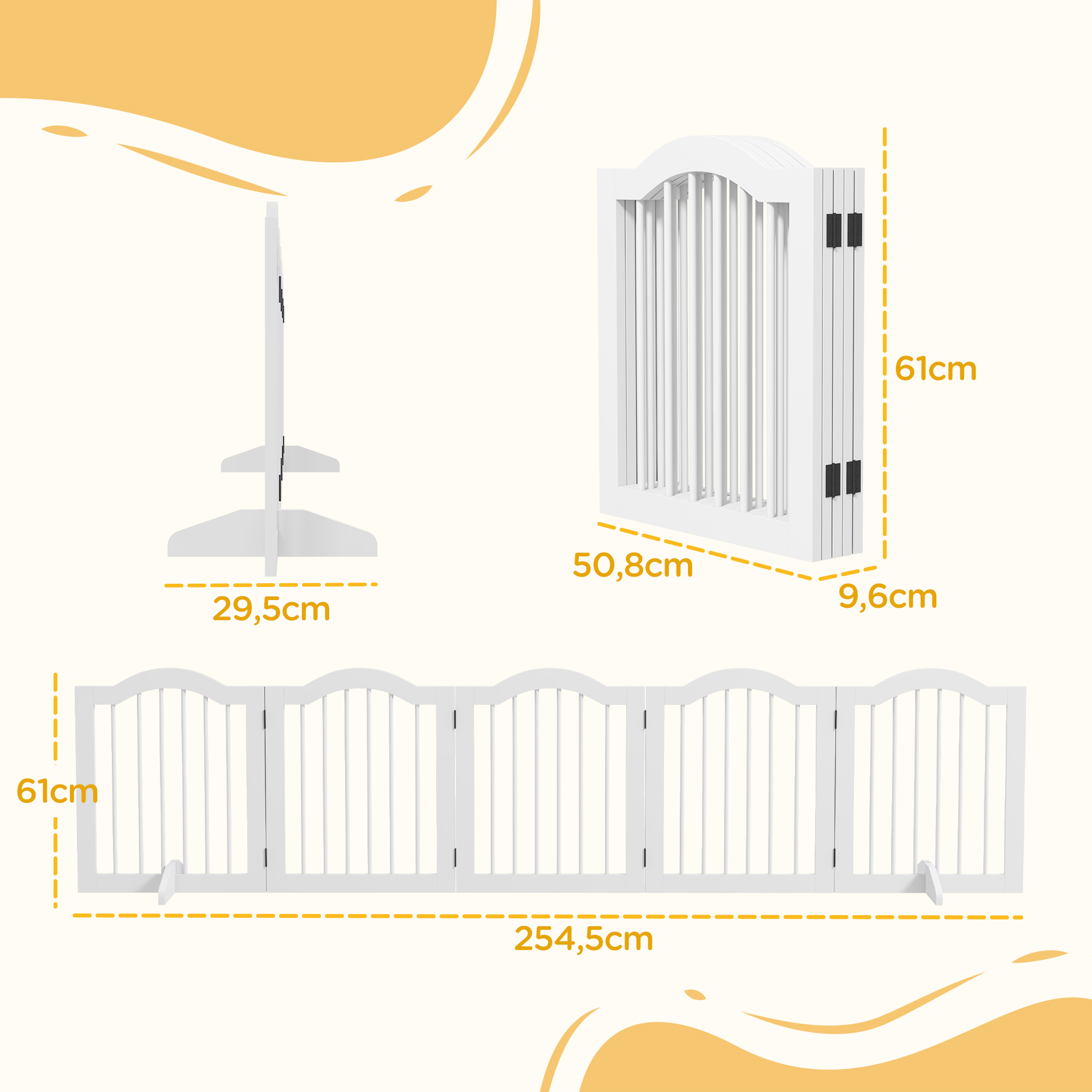 Hunde-Absperrgitter, 5 Paneele, klappbar, flexibel, Massivholz/MDF, 254,5x29,5x61 cm, Weiß