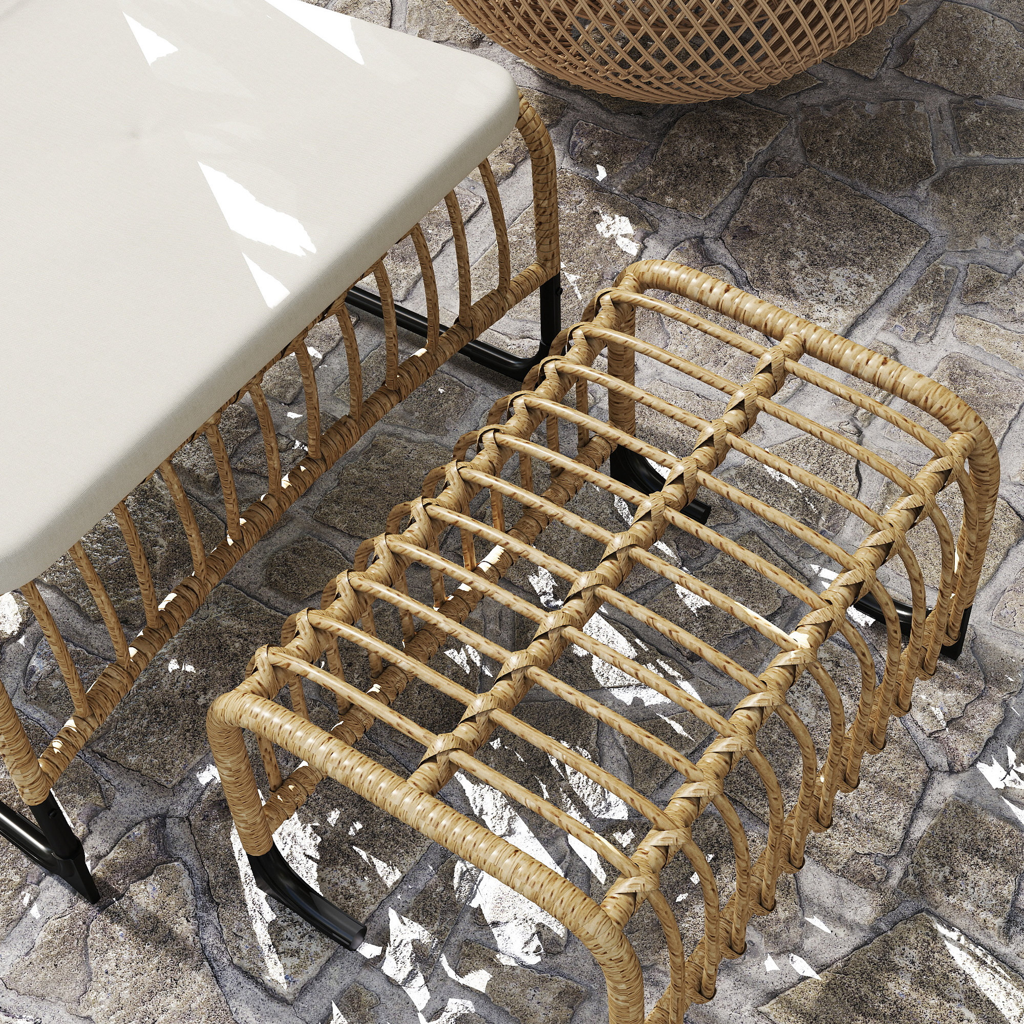 Rattan Relaxsessel mit Fußhocker UV-beständig Gartensessel mit Kissen Bänder 65 x 93 x 80 cm Naturholz