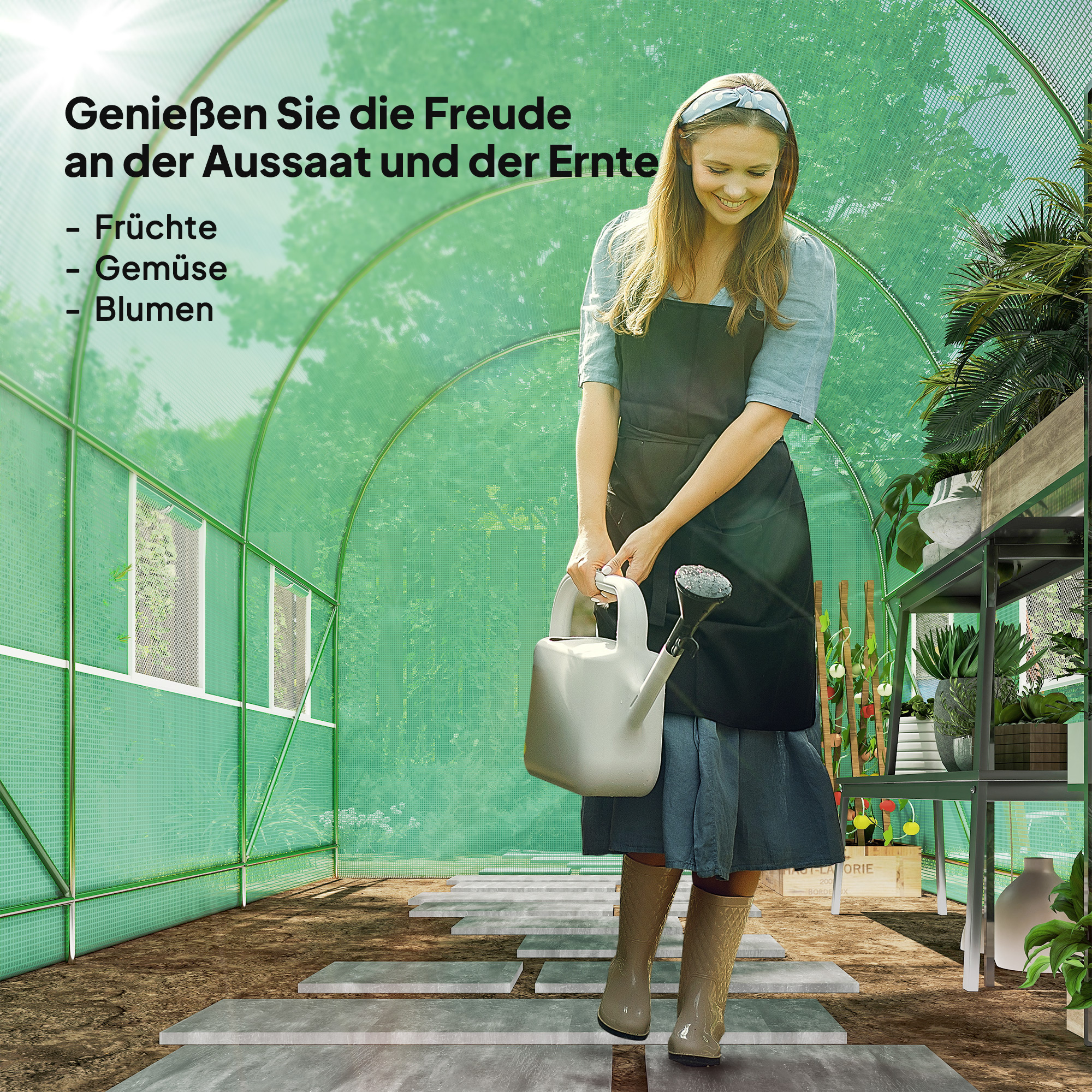 Gewächshaus 350x200x200cm Foliengewächshaus Tomatenhaus mit Tür, 6 Fenster, Folientunnel aus verzinktem Stahl, PE, stabiles Treibhaus Pflanztunnel, inkl, Erdanker & Seilen, Grün