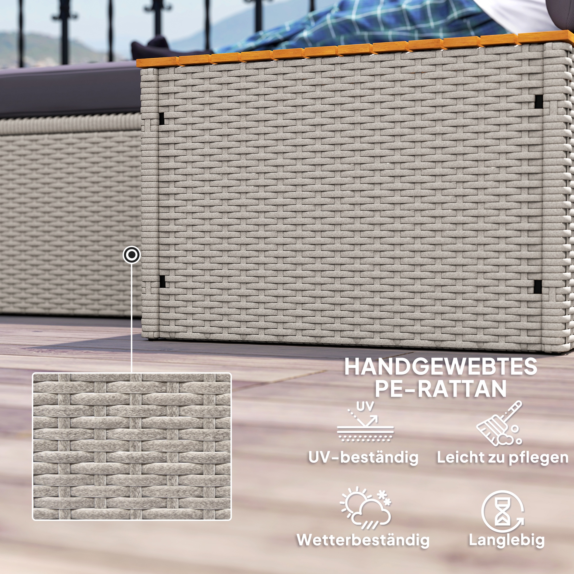 Polyrattan Sonnenliege für 2 Personen Doppelliege mit Fußhocker Stauraum Auflagen 125x114x72,5 cm Grau