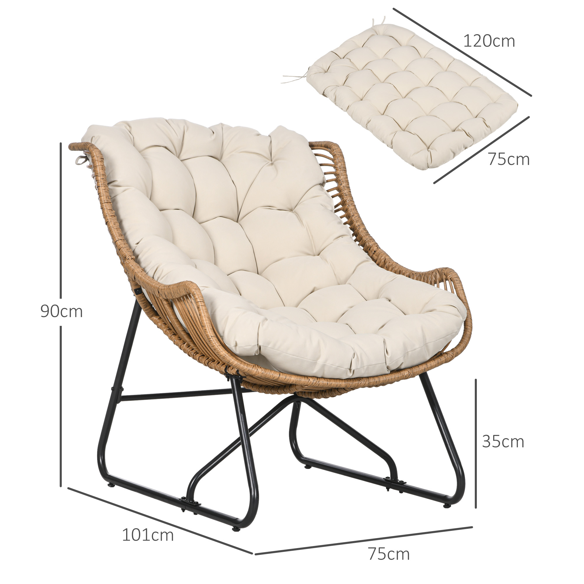 Garten Lounge, Rattanoptik, Outdoor Sessel, mit Auflage, Metallrahmen, 75x101x90 cm, Natur/Khaki/Schwarz