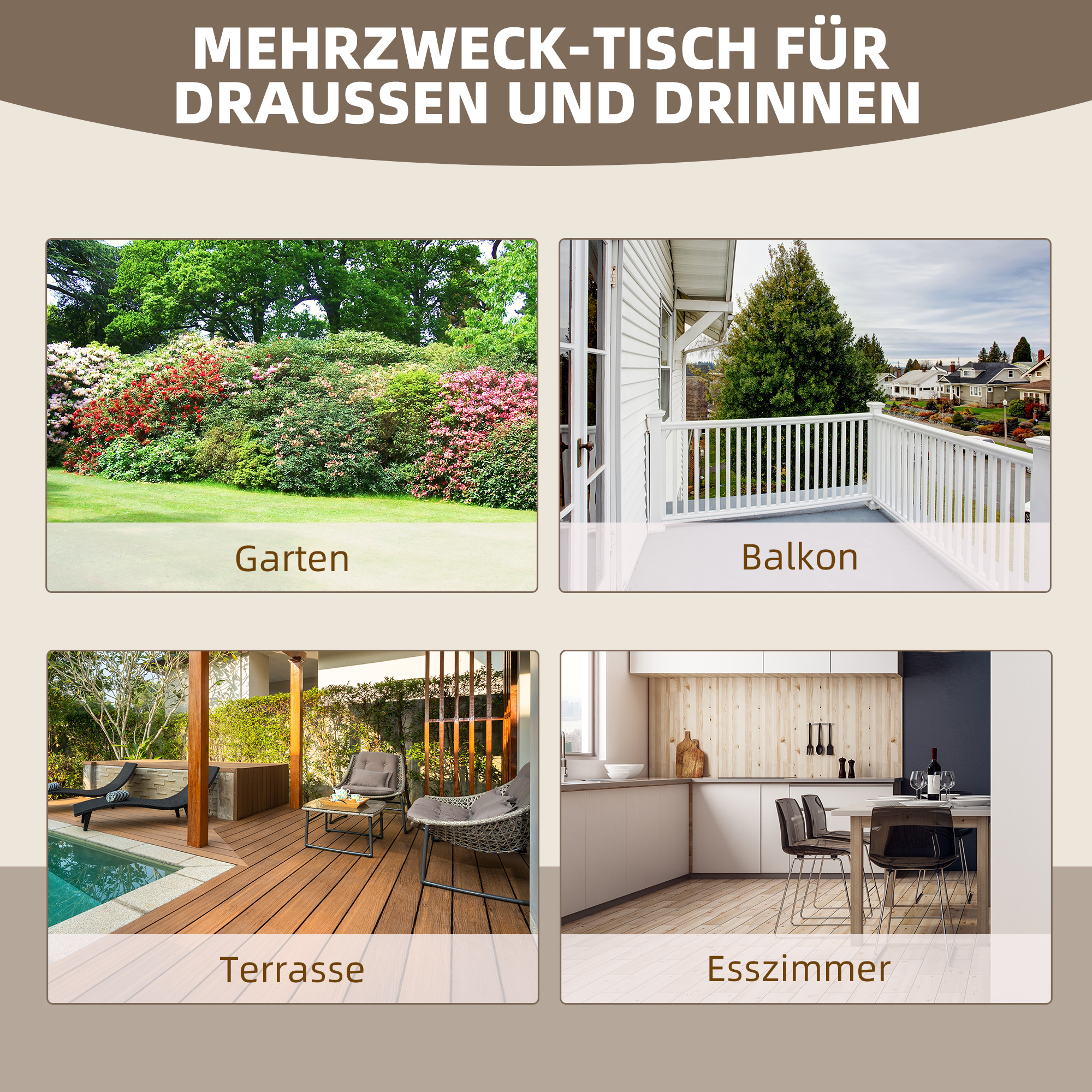 Gartentisch, Balkontisch, Holztisch, Räderform, Witterungsbeständig, Massivholz, Natur, 110 x B60 x H65 cm