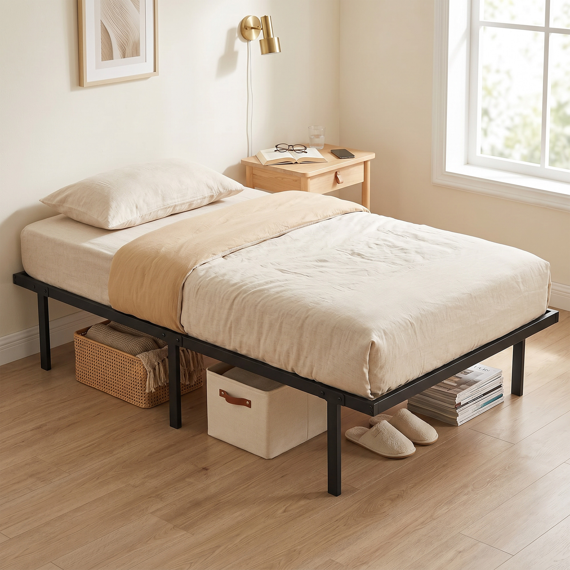 Bettgestell, 90 x 200 cm Metallbett mit Stauraum unter dem Bett, Metallgestell mit Lattenrost, kein Boxspring nötig