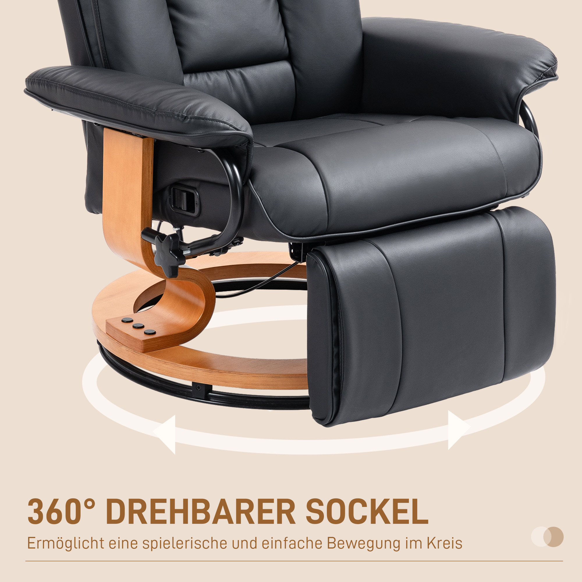 Relaxsessel mit Liegefunktion, drehbar, bis 150 kg, Kunstlederbezug, Stahlrahmen, Schwarz