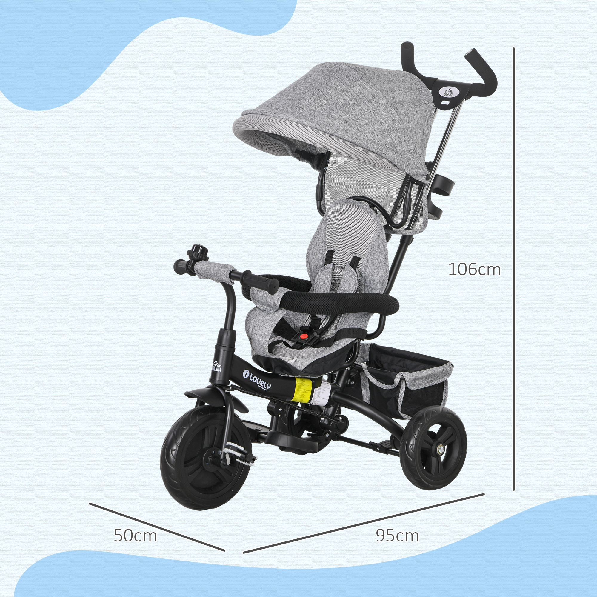 6-in-1 Kinderdreirad mit Schiebestange, Dach, Gurt, Ablagekorb, für 1-5 Jahre, Grau