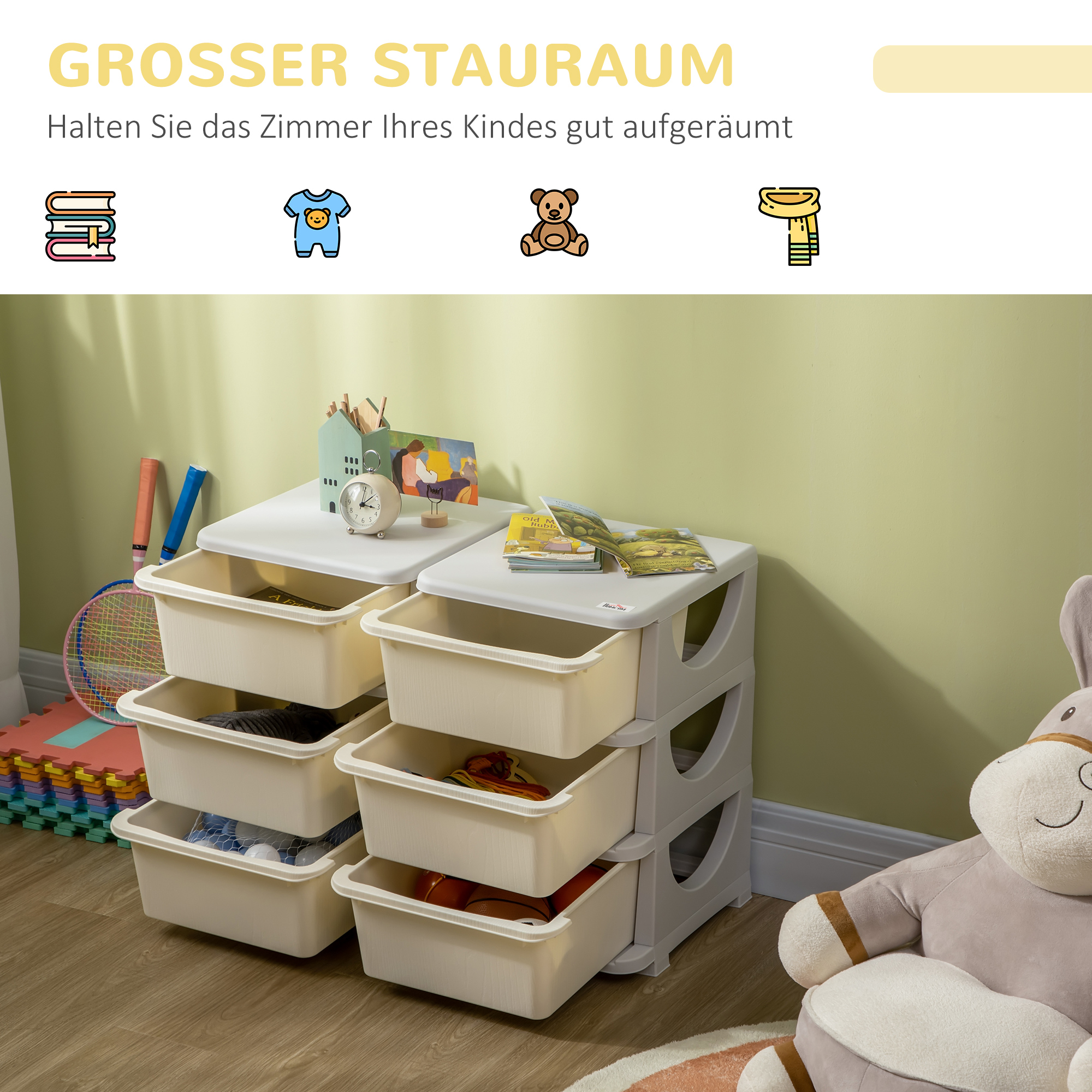 Aufbewahrungsbox für Kinder, Kinder-Aufbewahrungsbox, 3 Schubladen, Weiß