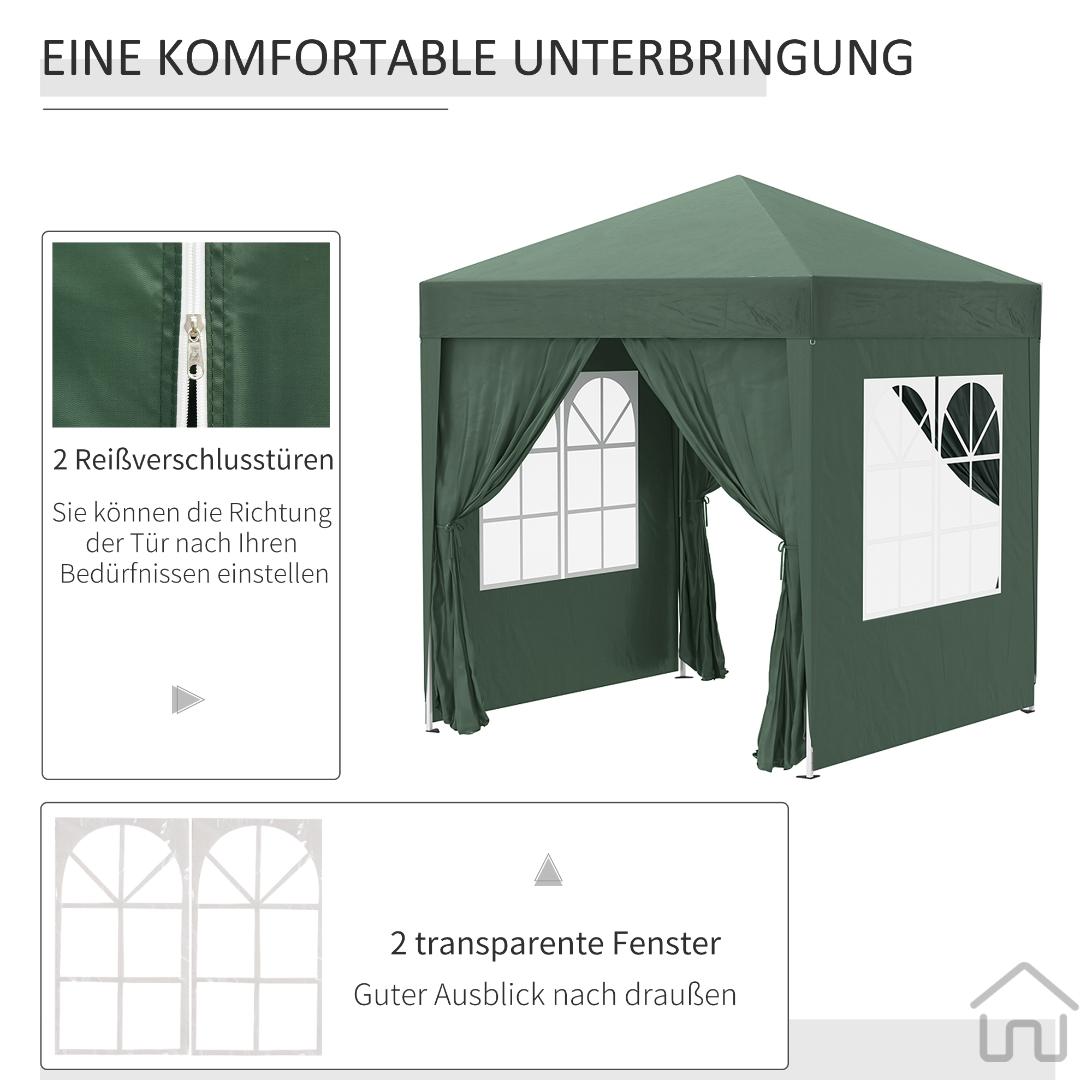 Faltpavillon, Bierzelt, 4 abnehmbare Seitenwände, 2 Fenster, Metallrahmen, 2 x 2m, Dunkelgrün