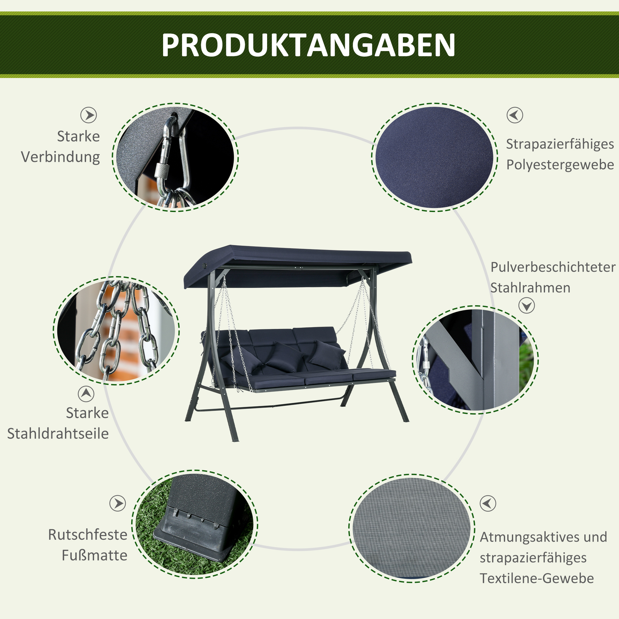Hollywoodschaukel Gartenschaukel, 3 Personen, verstellbares Sonnendach, 198 x 118 x 168 cm, Dunkelgrau