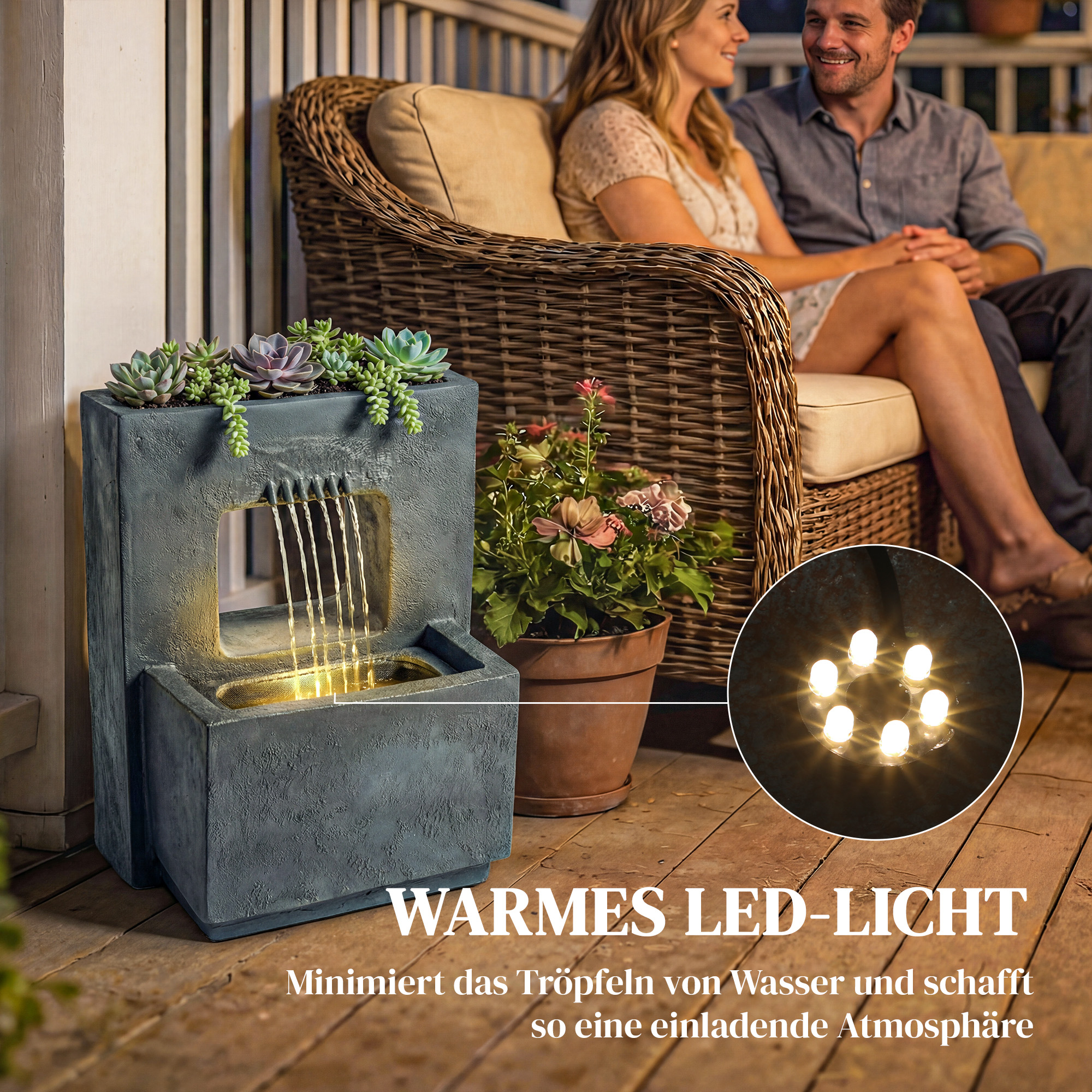 Springbrunnen 2-stufig Gartenbrunnen mit LED Beleuchtung Pflanzkübel Pumpe Steinoptik, Verstellbar 45 x 31,5 x 58,5 cm