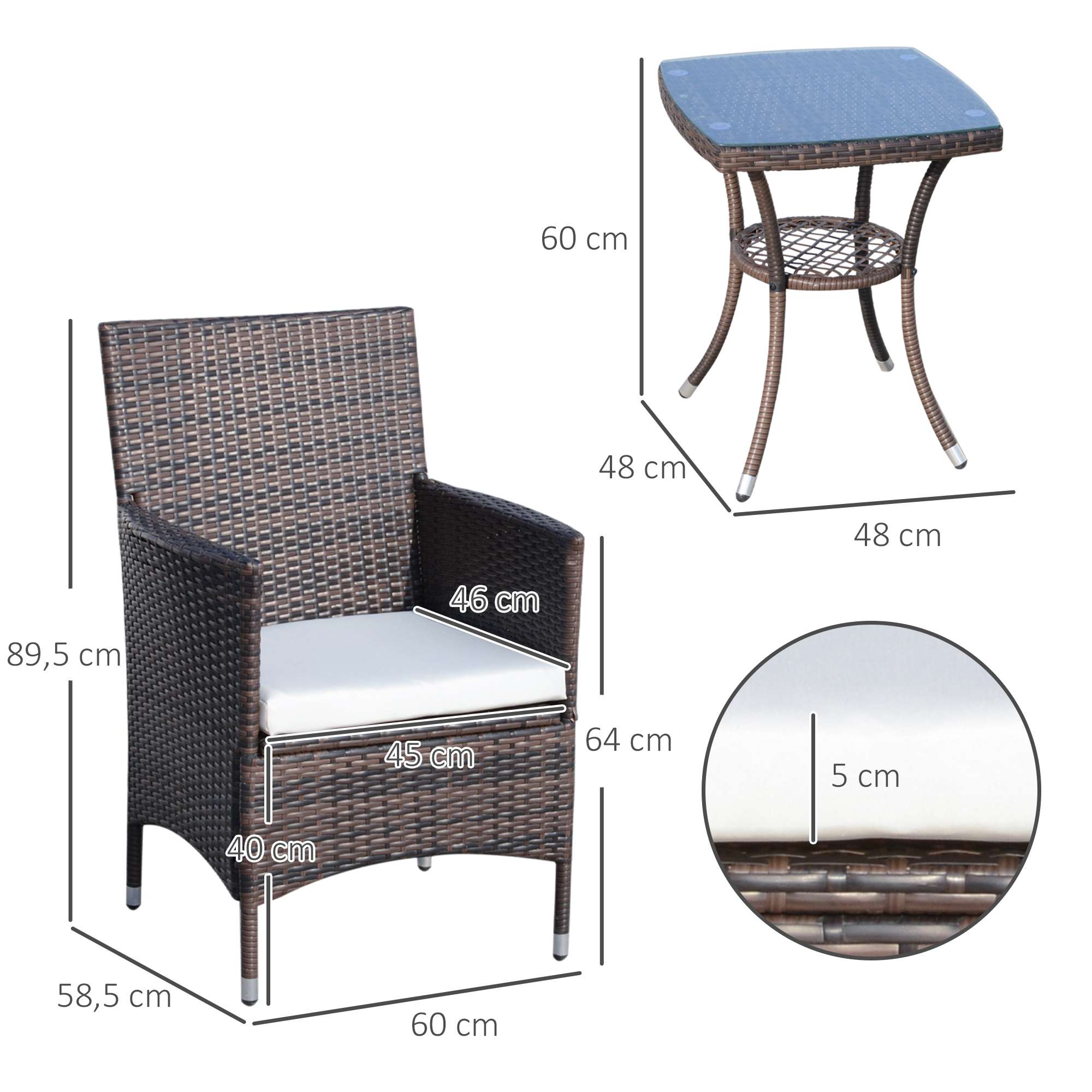 Polyrattan Gartenmöbel Set, Outdoor Lounge Balkonmöbel für 2 Personen, 3-teilig Sitzgruppe, 2 Stühle, Tisch Sitzkissen, Gartenlounge für Garten, Terrasse, Balkon, Braun