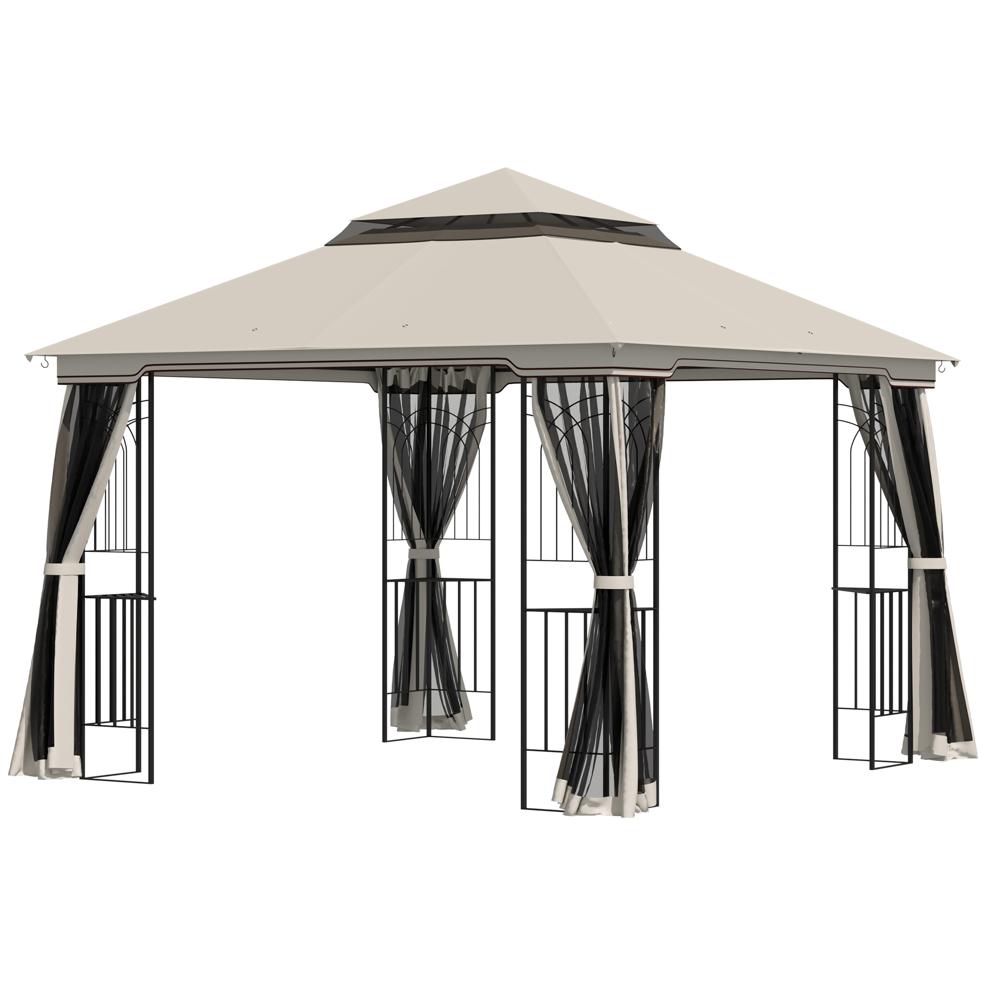 Gartenpavillon mit Doppeldach Pavillon Gartenzelt Festzelt Partyzelt mit 4 x Seitenwand Metall+Polyester Beige 2,99 x 2,99 x 2,74 m