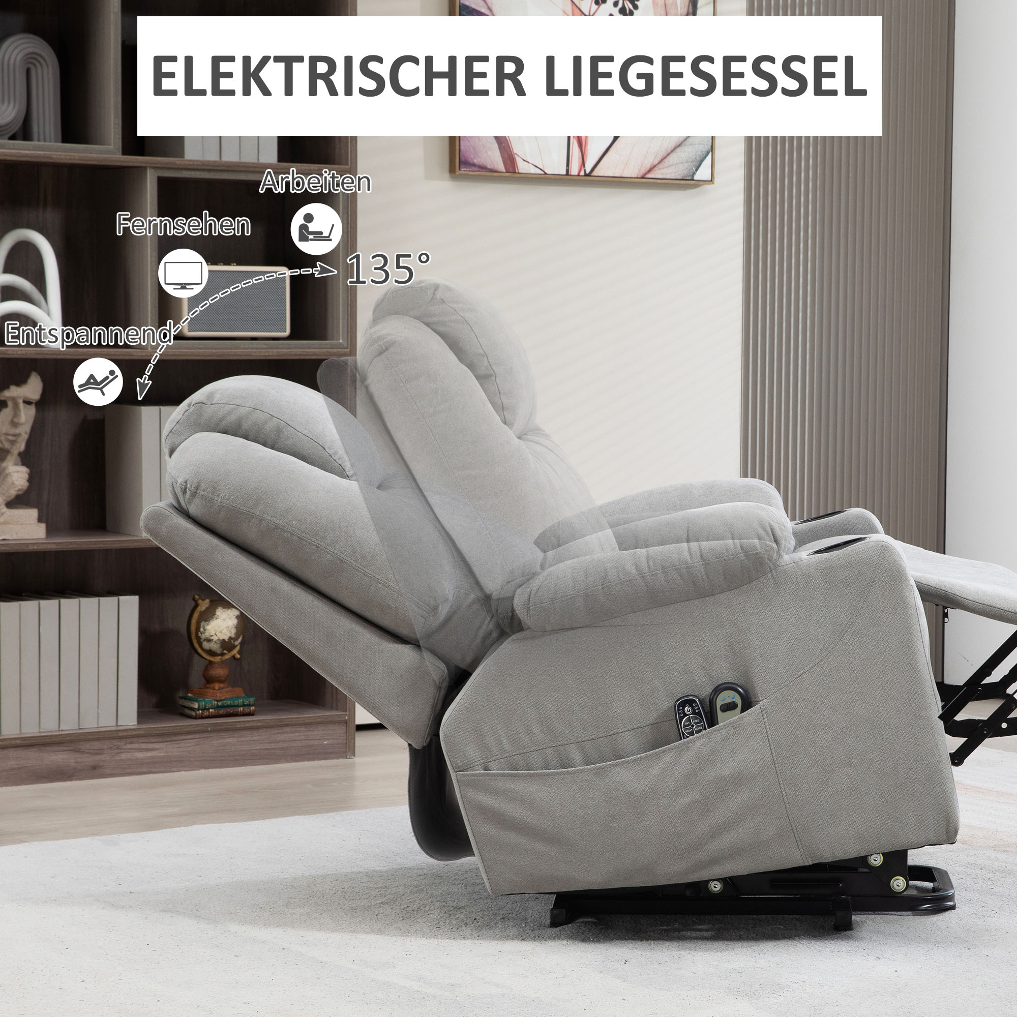 Massagesessel Aufstehhilfe Seniorensessel, 8 Vibrationspunkte, 2 Seitentaschen, Getränkehalter, 90 x 101 x 107 cm, Grau