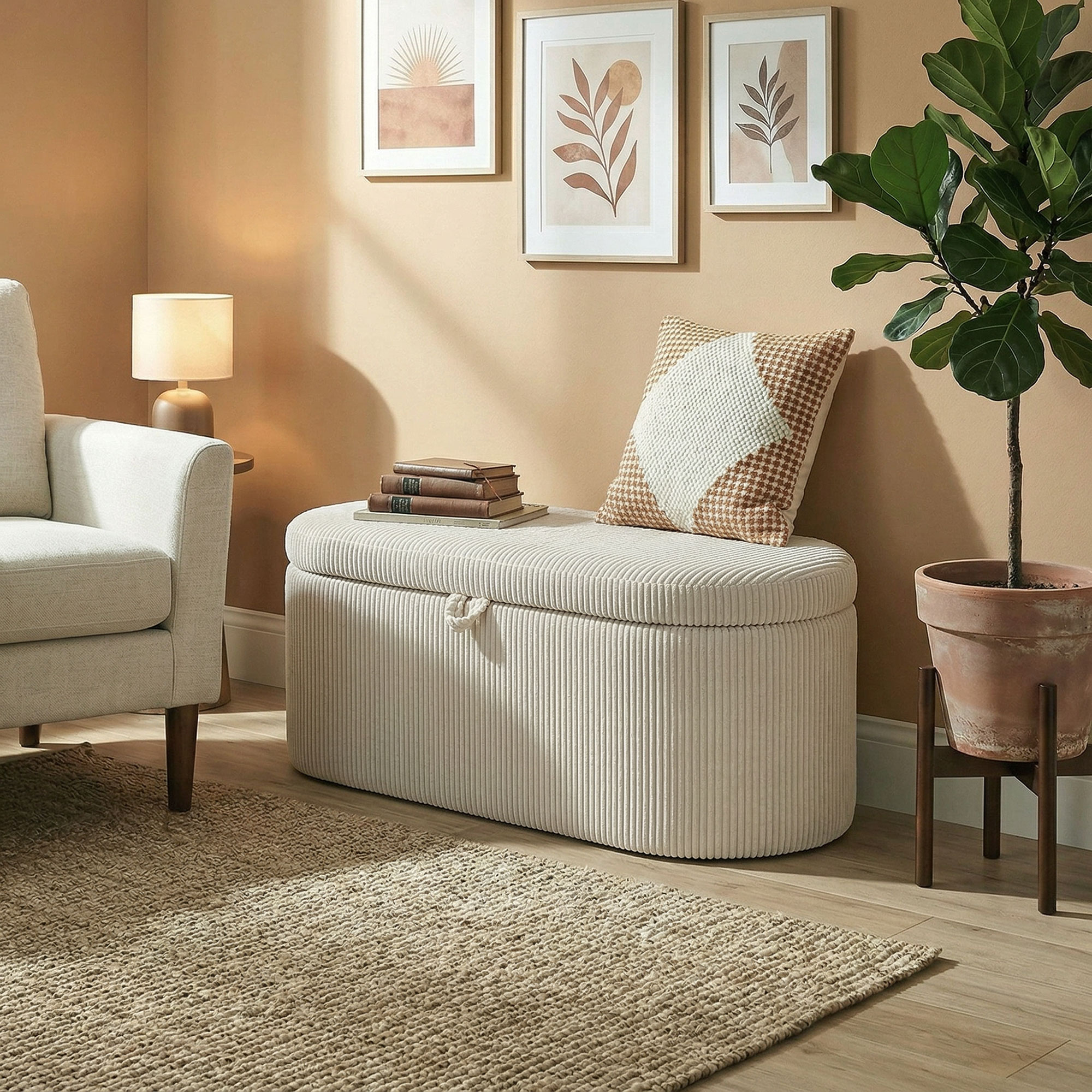 Aufbewahrungs-Ottomane, Cord-Polsterung mit gepolsterter Sitzfläche, Sitzbank am Bettende, 105 x 51 x 49 cm, Beige