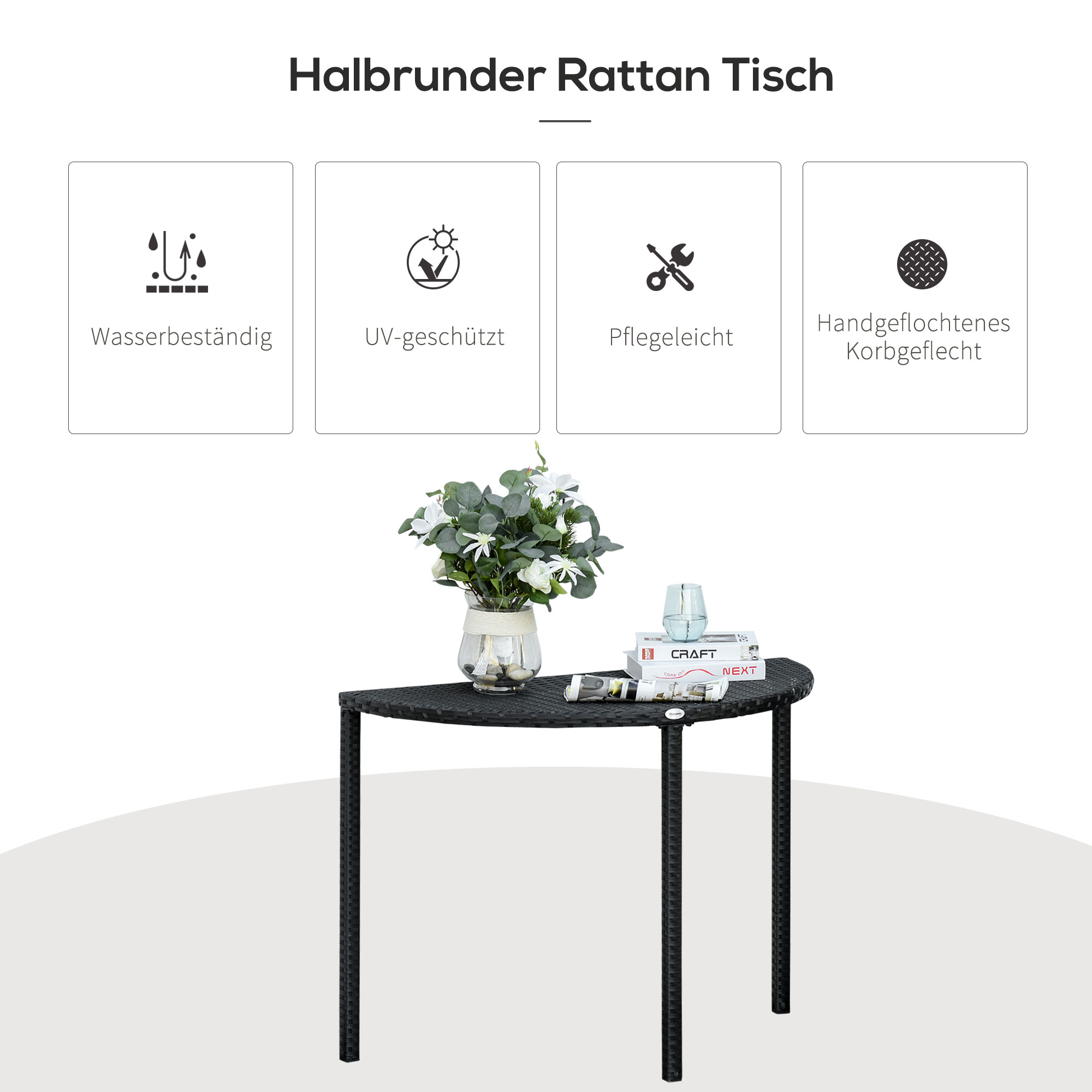 Balkontisch Garten Beistelltisch Tisch Gartenmöbel halbrund Polyrattan Metall Schwarz 100 x 50 x 74 cm